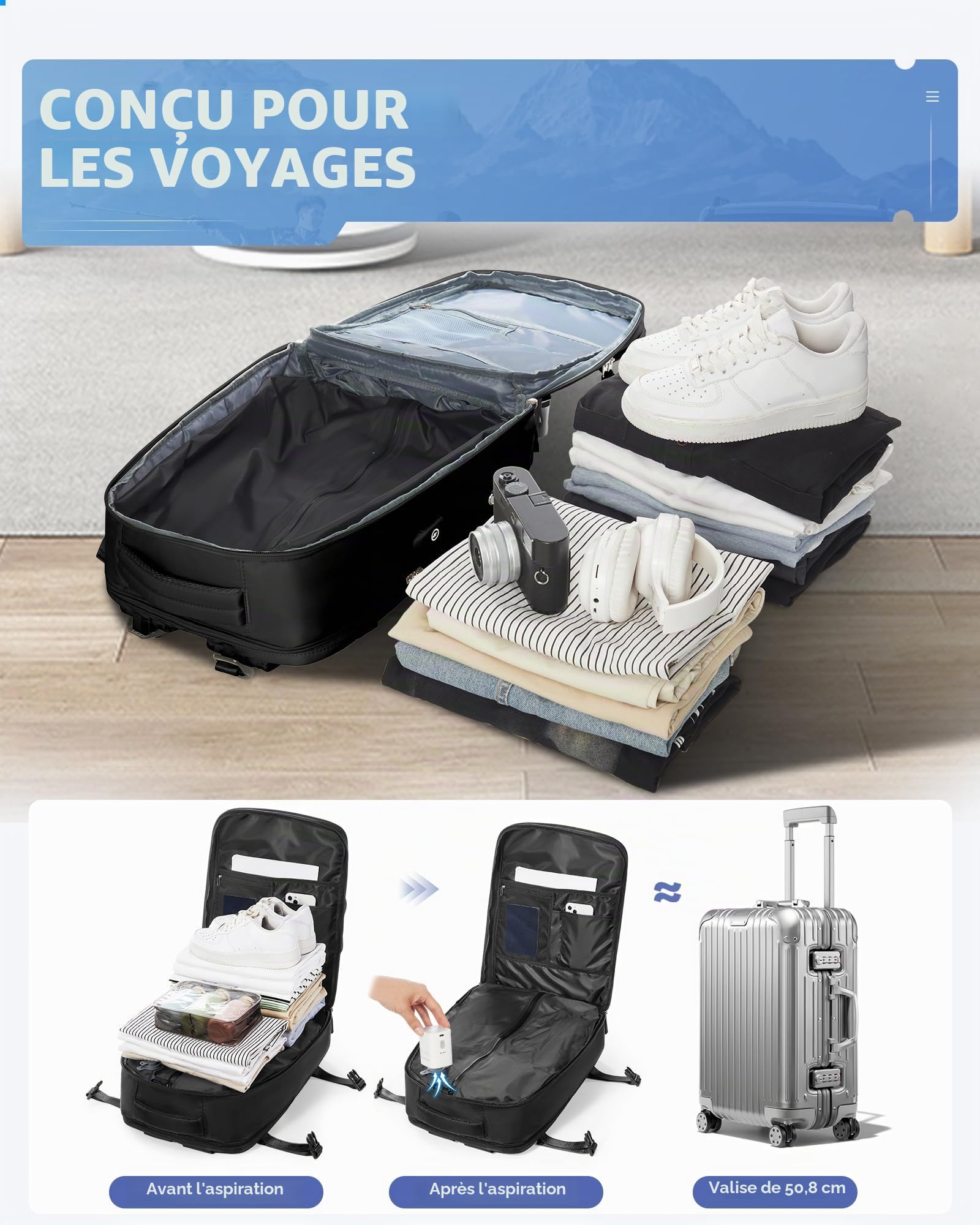 Sac à Dos Sous Vide Pour Femme,Sac à Dos Voyage cabine avion sous vide,Bagages Cabine Easyjet 45x36x20 pour Homme,Multifonction sac voyage sous vide étanche Avec Pompe,Ordinateur portable