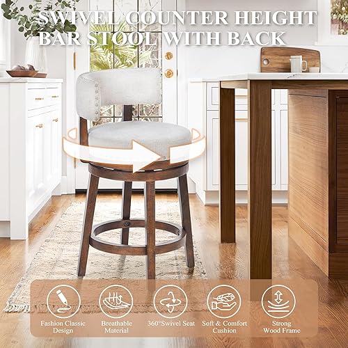 Miniatura 6 de COLAMY Juego de 2 taburetes de bar giratorios, modernos taburetes giratorios con respaldo, taburetes de bar de altura de mostrador, taburete de bar