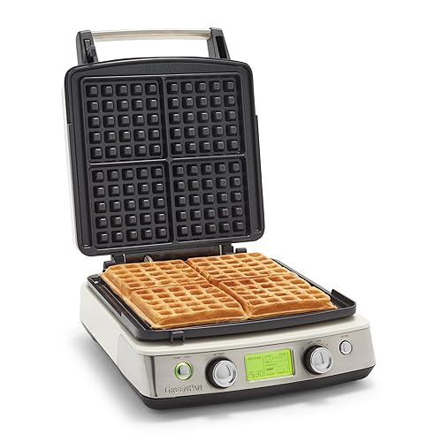 GreenPan Elite 4-Square Belgian & Classic Waffle Iron, Healthy Ceramic Nonstick Aluminum Dishwasher Safe Plates, Adjustable Shade/Crunch Control, Wont Overflow, Easy Cleanup Breakfast, PFAS-Free,White - 4-Square Waffle Iron - Cream White