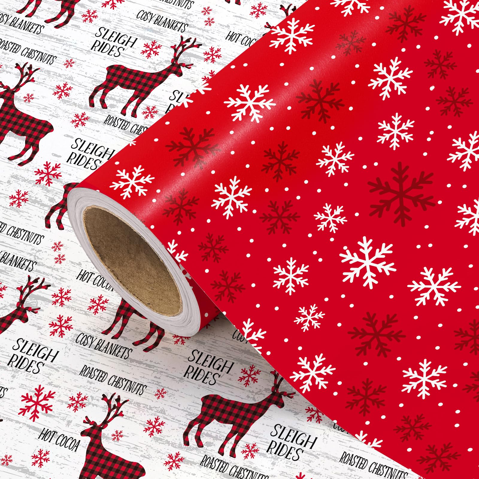 WRAPAHOLIC Papel de regalo reversible de Navidad, mini rollo, 17 pulgadas x 33 pies, diseño de copos de nieve rojos y blancos y renos para vacaciones, fiestas, celebraciones