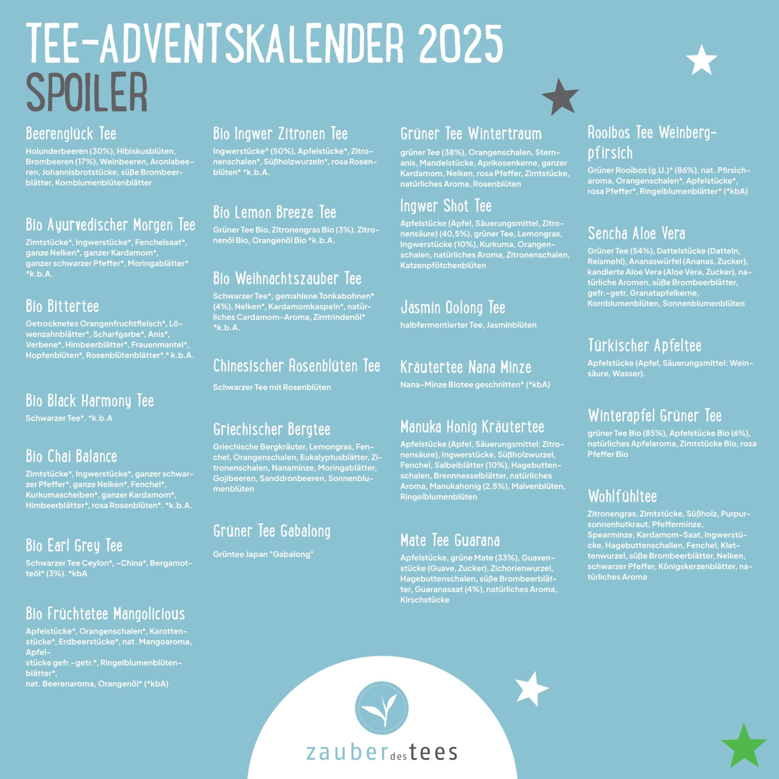 Zauber des Tees | Tee-Adventskalender 2025 | Weihnachtskalender mit 24 besonderen Tees, handgefertigt, in edler Magnet-Geschenkbox | Tee Geschenkset für Teeliebhaber