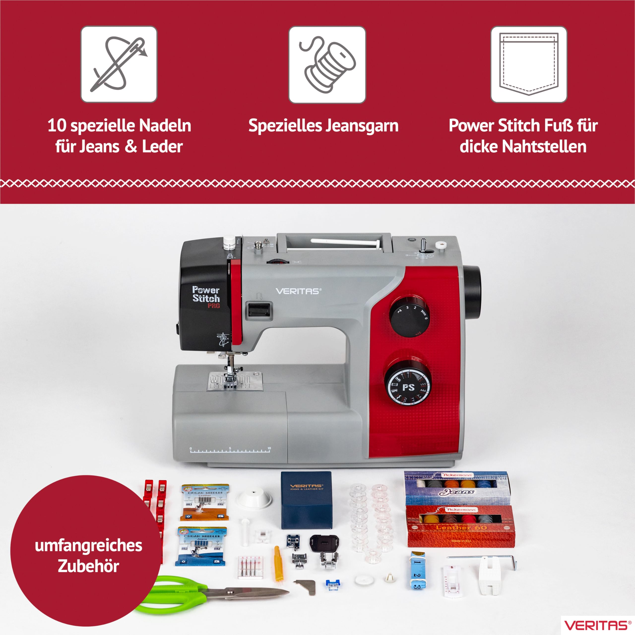 VERITAS Nähmaschine Power Stitch PRO I 17 Stichprogramme I Auto-Fadenspannung & Einfädelhilfe I Fadenabschneider I Einstellbare Stichlänge I LED-Nählicht I Mechanische Nähmaschine (grau-rot)