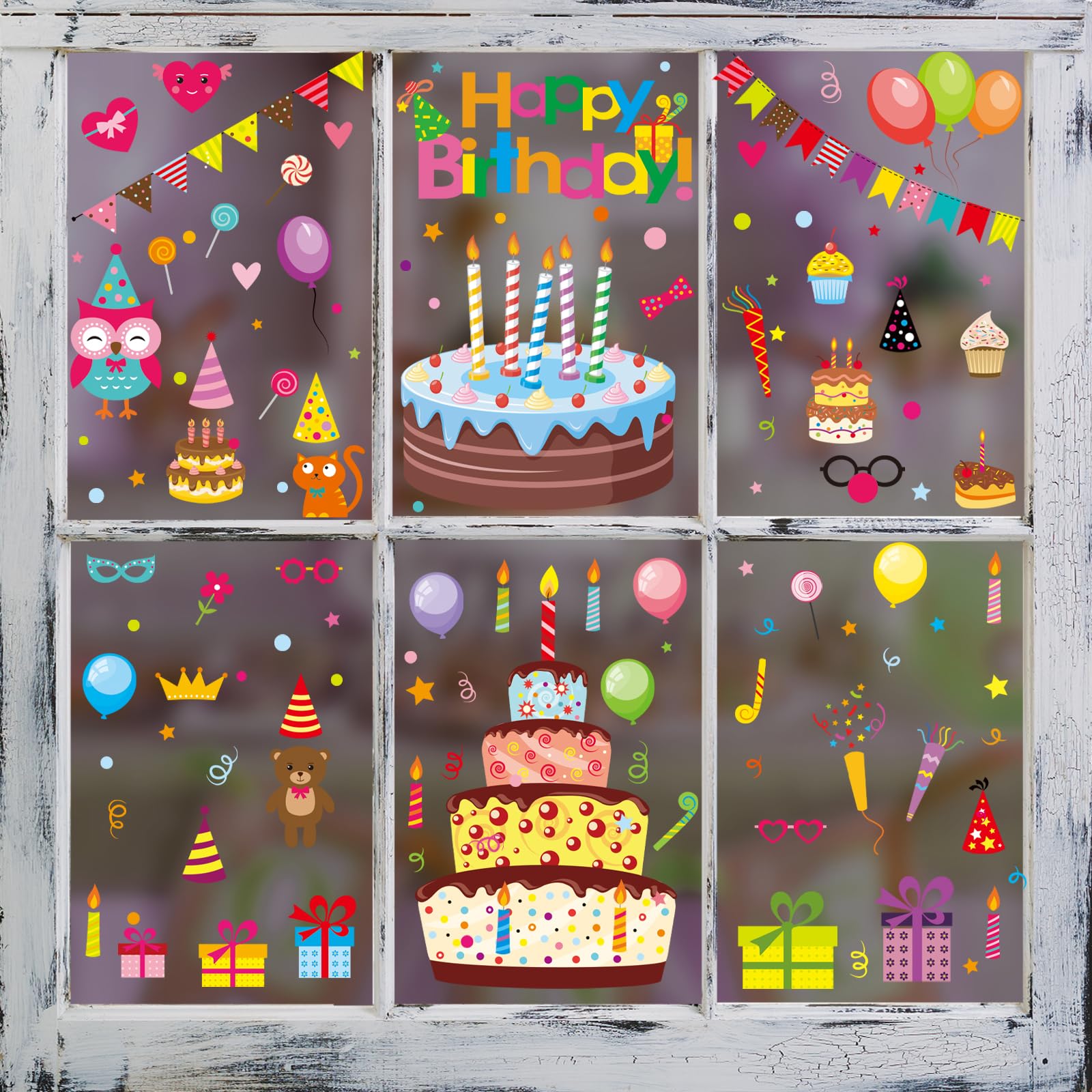 HHOCN Happy Birthday Window Clings Happy Birthday Stickers Birthday Cake Window Decorations Happy Birthday Static Stickers for Glass Windows Décor