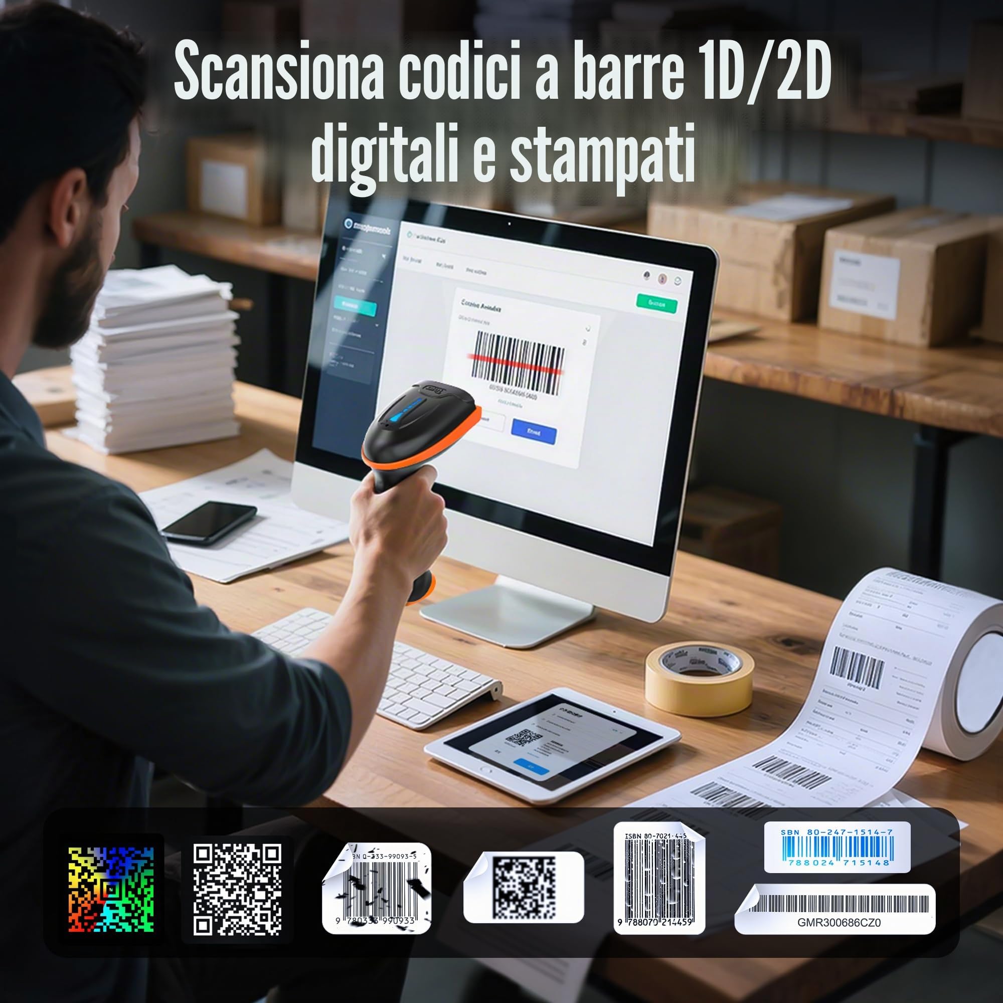 Tera Lettore di codici a barre 1D 2D QR senza fili 2,4 GHz + cavo USB 2,0, lettore di codici a barre con supporto, risoluzione 5 mil, portata 100 m, D5100.