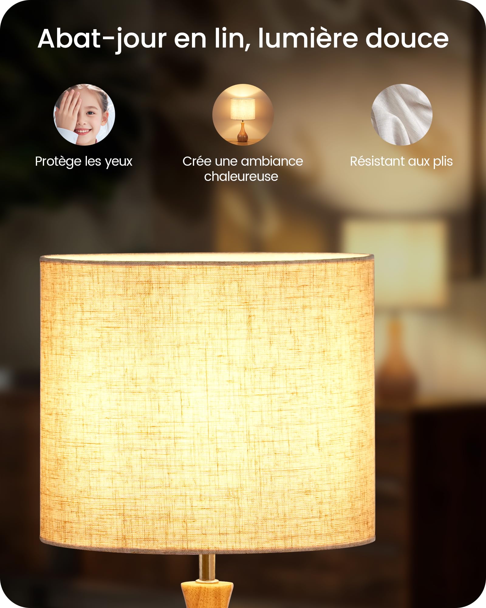 Lampe de Chevet, Petite Lampe de Table en Bois et Abat-jour en Lin, Lampe à Poser avec Câble, Douille E27, 1 Ampoule LED 2700K Inclus, pour Salon, Chambre, Beige et Bois ZME09TLD05N1