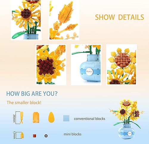 Miniatura 3 de LUKHANG Juego de construcción de jarrón de flores, kit de modelo de jarrón de girasol y regalo, ideas de flores de bricolaje para niños y niñas