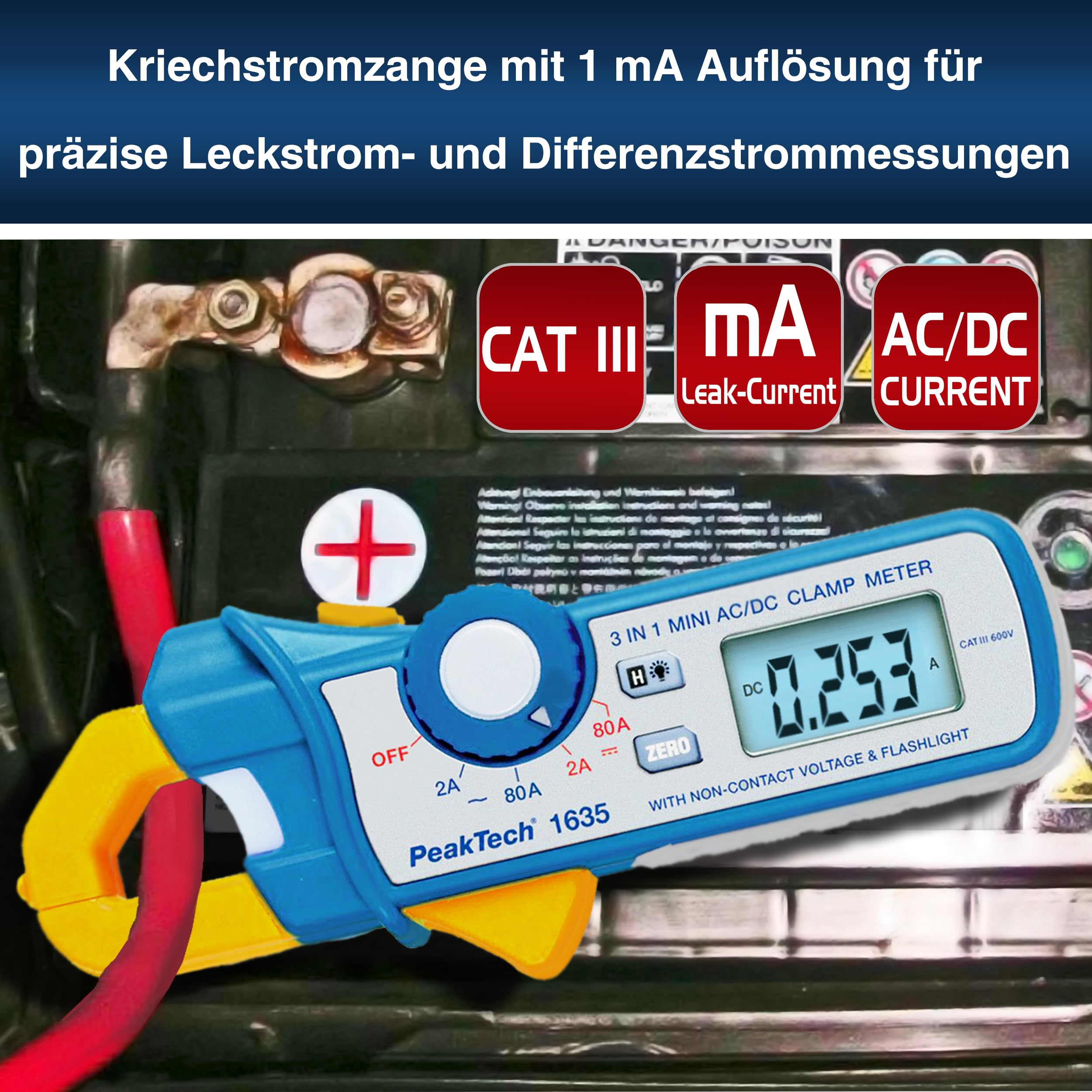 PeakTech P 1635 P 1635 - Alicates de corriente de fuga y tenazas de corriente de fuga, con resolución de 1 mA y NCV, 1 pieza, P 1635