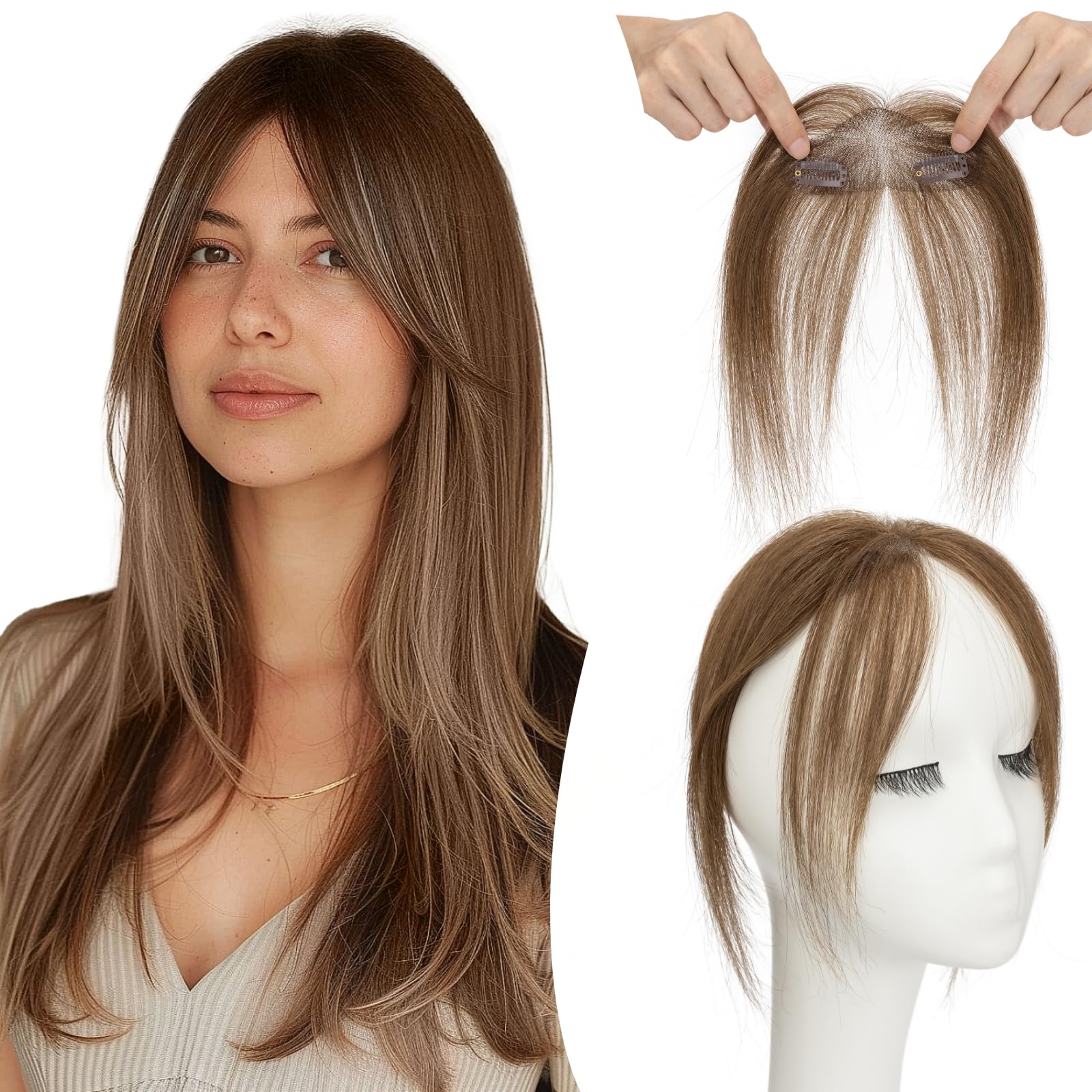 Photo 1 of TESSHAIR Clip in Bangs, 100% Real Human Hair, Human Hair Clip in Bangs, Middle Part HairPieces, No Tangle & Smooth, 11g #04 Medium Brown