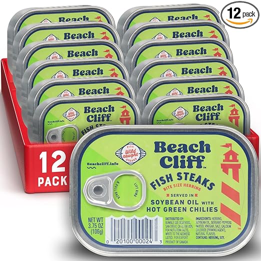 Beach Cliff Wild Caught Fish Steaks in Soybean Oil with Hot Green Chilies, 3.75 oz Can (Pack of 12) - 16g Protein per Serving - Great for Pasta & Seafood Recipes