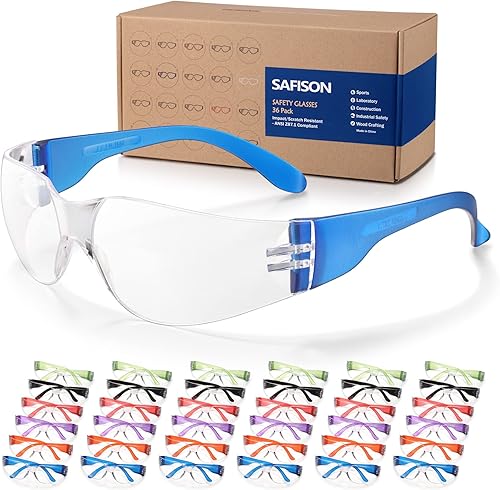 SAFISON Paquete de 36 lentes de seguridad a granel (gafas protectoras) antiarañazos, resistente a los impactos, lente transparente con marcos de 6