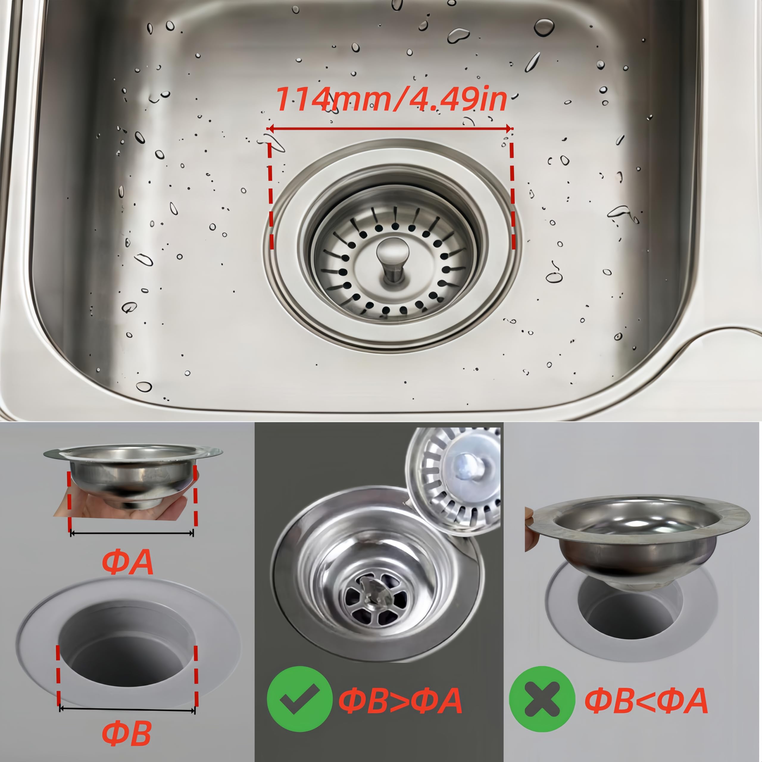 Bonde d'évier en Acier Inoxydable 304 - Bonde à Panier de vidange - 1 1/2", Ø 114 mm/Ø 110 mm/Ø 85 mm (diamètre 110 mm)