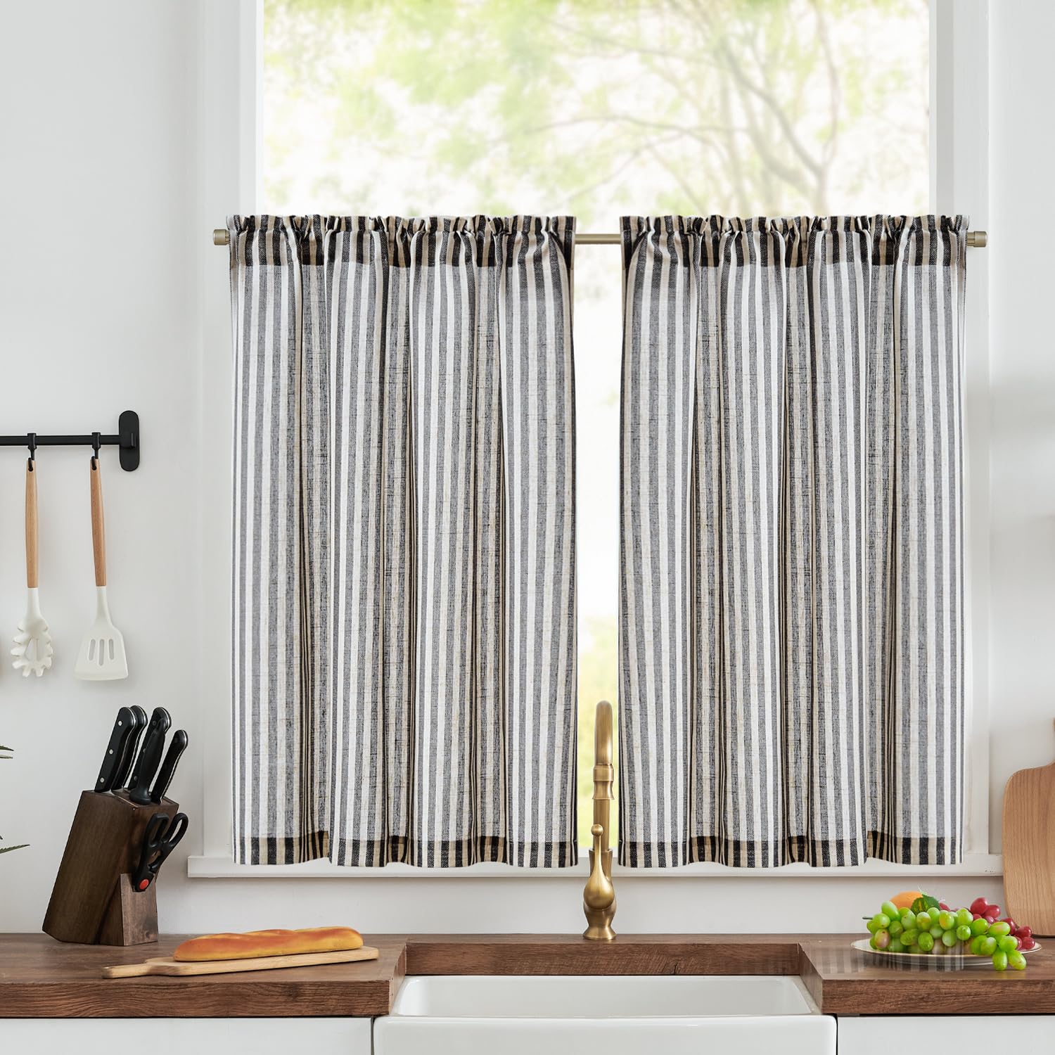 TOPICK Linen Look Kitchen Curtains, Cafe Curtains, W36 xL36 Blue Striped