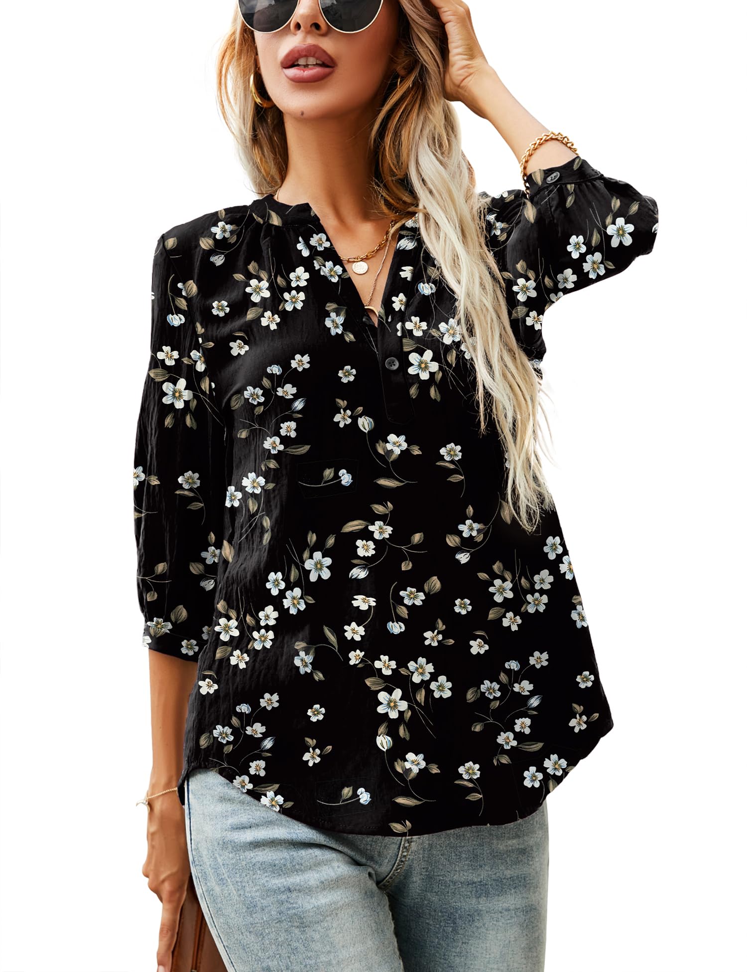 LOMON Women's Casual 3/4 Sleeve Henley V-Neck Button Up Pleated Back Blouses Swiss Dot Blouse Tops T-Shirts S-XXL