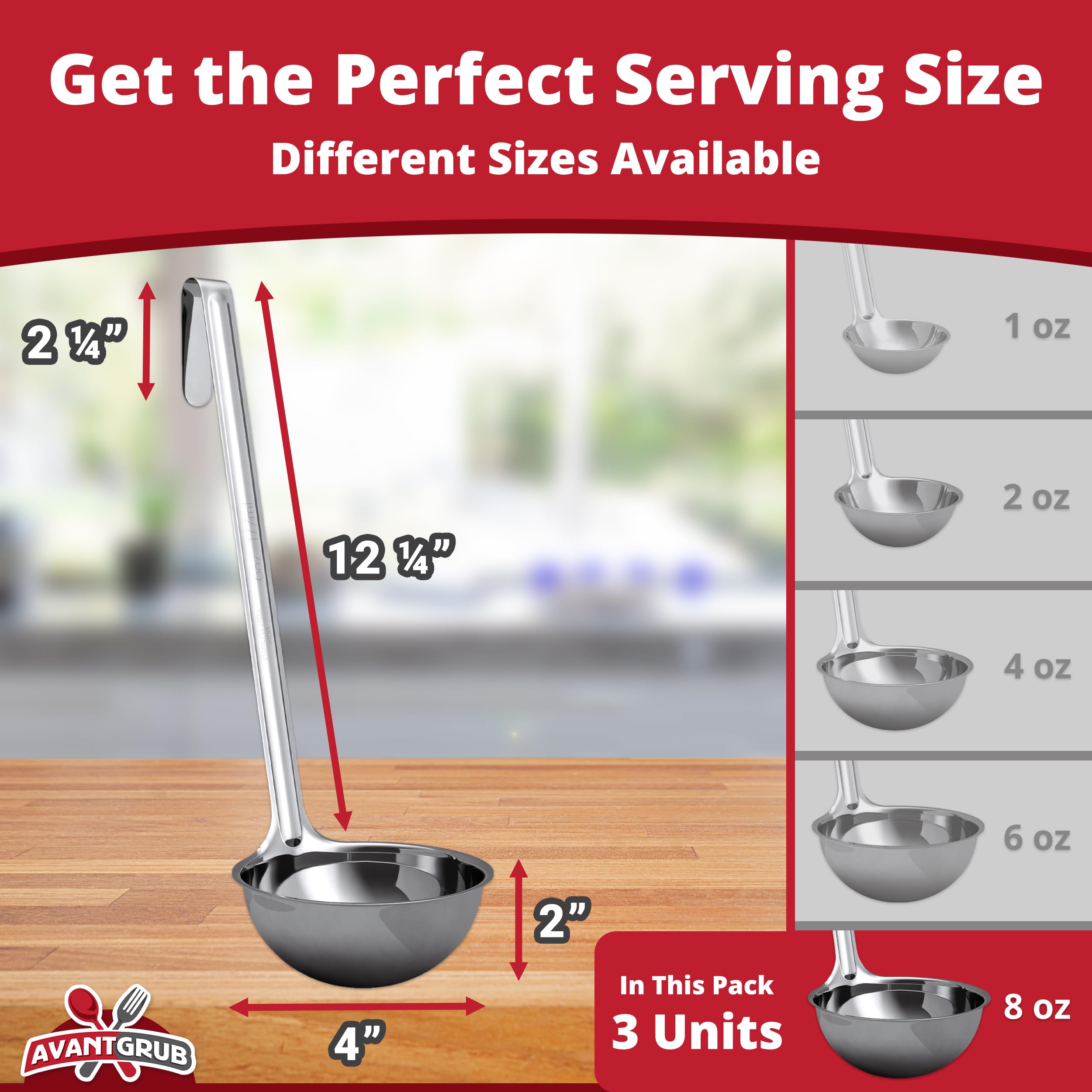 Cucharón de sopa de 8 onzas súper resistente, ergonómico de acero inoxidable con asas largas. Los mejores accesorios de cocina para agitar y servir sopas, chile y guiso en restaurantes y en casa