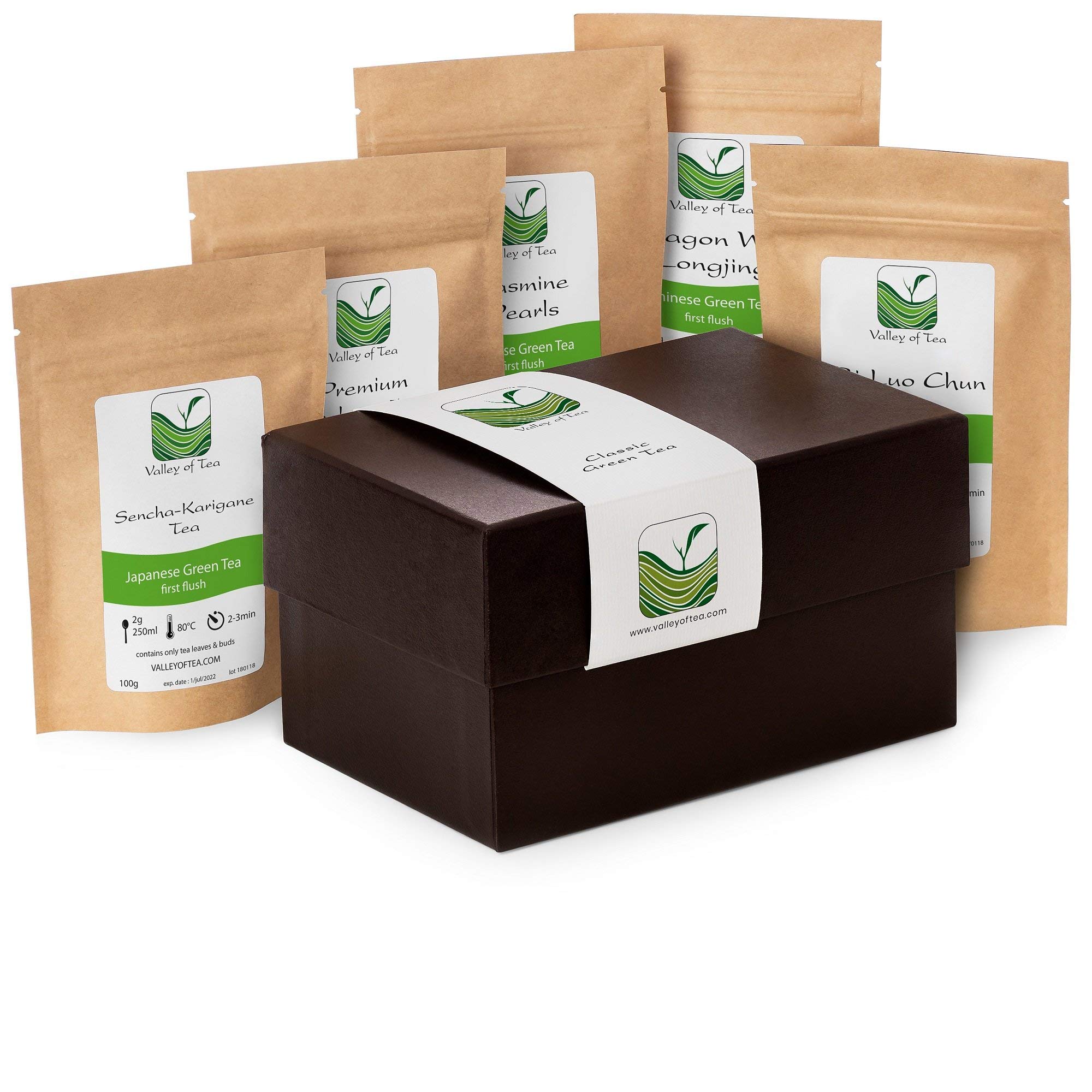 Famous Green Tea Gift Box - for Green Tea Lovers - Specialty Loose Tea Selection for The Tea Lover in Your Life - Gourmet Green Tea Sampler - Teas Basket for Tea connaisseurs - 5 30g Samplers