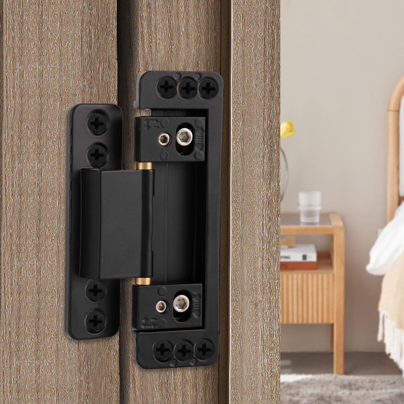 Ultracienkie ukryte zawiasy drzwiowe 12 × 3,7 × 2,2 cm, regulowany zawias tylny 110°, regulowany zawias do drzwi wahadłowych, nośność 60 kg, niewidoczny zawias do tajnych drzwi (czarny)