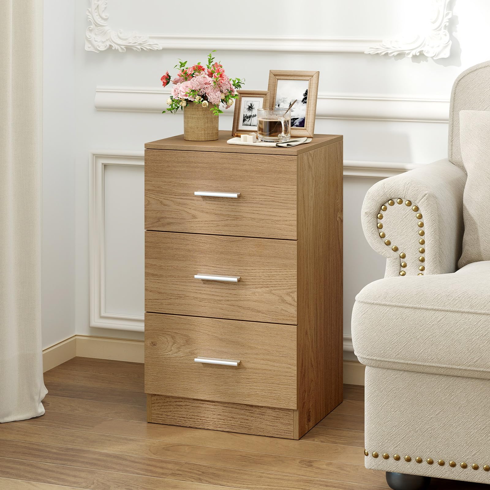 COSTWAY Caisson Bureau Bois 3 Tiroirs pour Feuilles A4, Lettre,Dossiers et Documents, Commode Tiroir Rangement pour Bureau, Chambre, 37 x 34 x 66,5 CM(Lot de 1,Naturel)