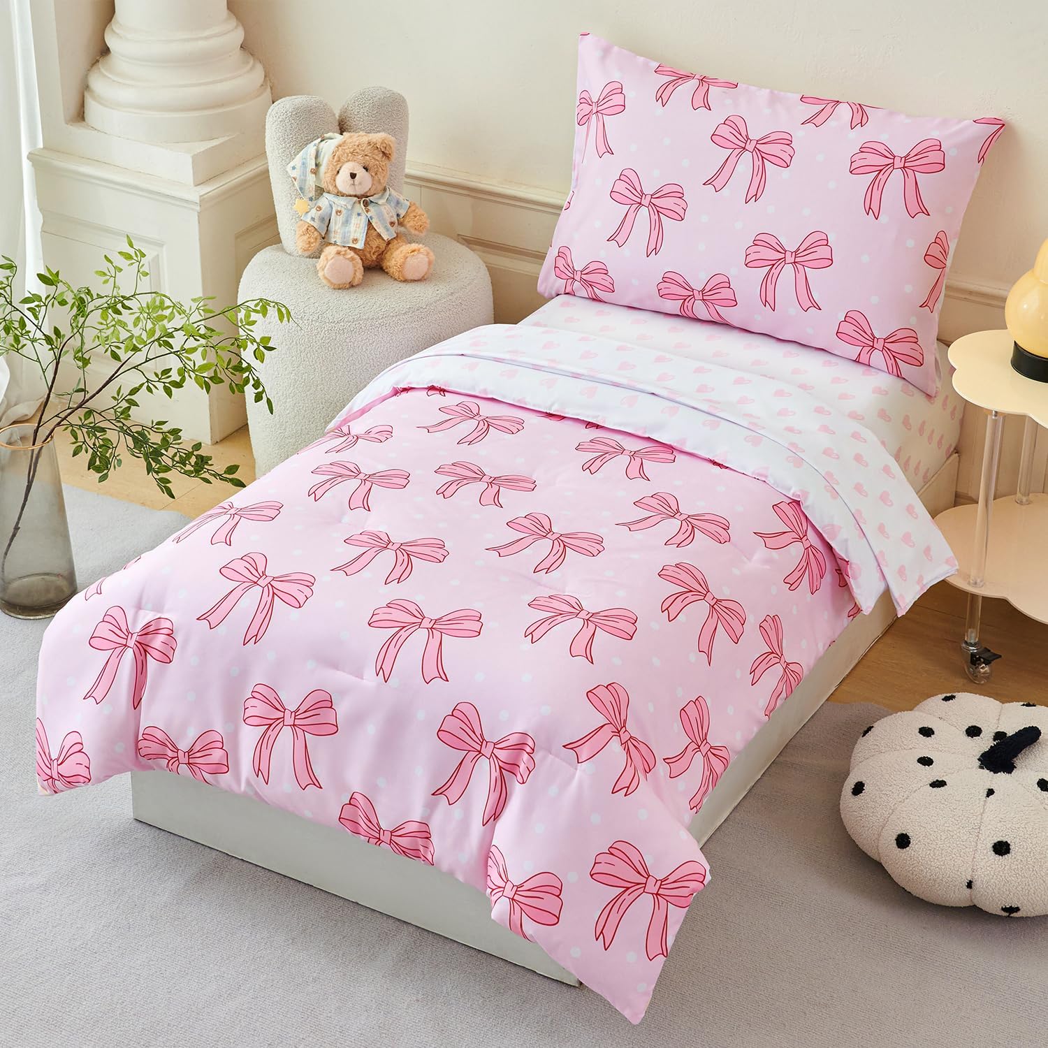 PERFEMET Pink Toddler Bed Comforter Set for Girls 4 Pieces Reversible Bow Bedding Sets for Toddlers Soft Breathable Baby Girl Bed Set for All Seasons(Bow, Toddler)