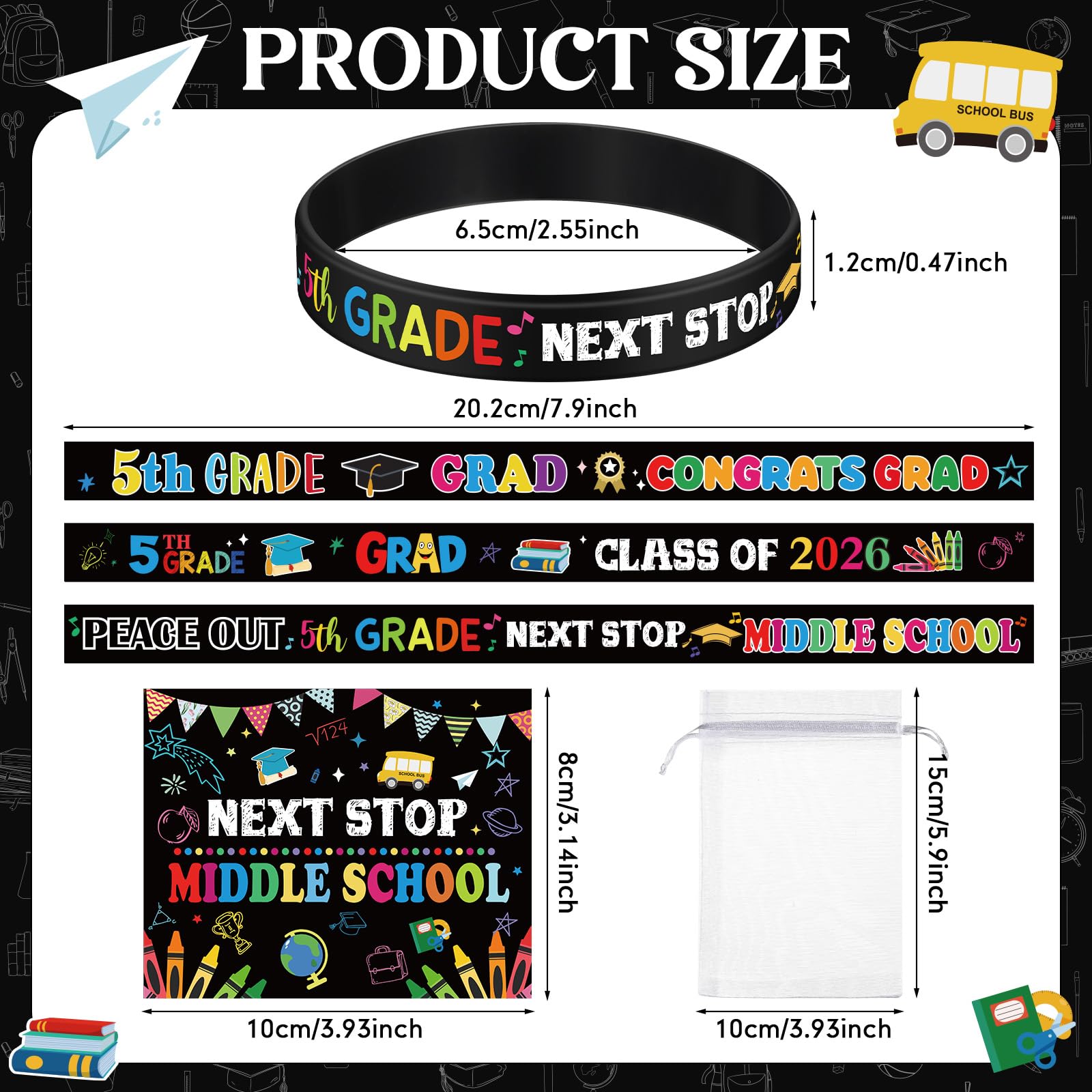 Cinnvoice 5th Grade Gifts for 2026 Graduation Include Grade Graduation Silicone Wristbands and Greeting Card with Organza Bags for 5th(24 Sets)