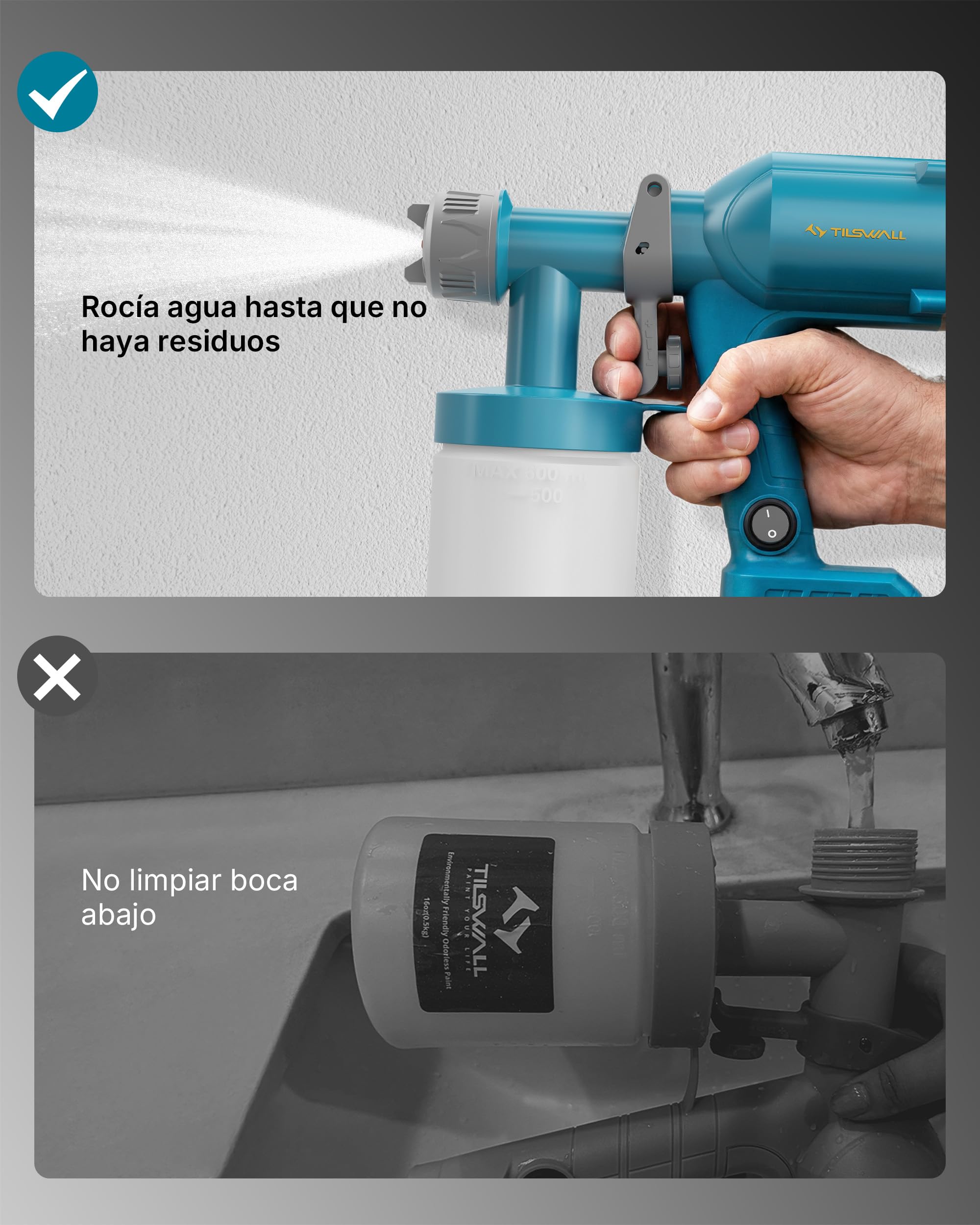 Tilswall Pistola de Pintura Eléctrica - Pistola Pulverizadora Eléctrica Inalámbrica y Ultraligera - Compatible Batería Makita 18V (No Incl.) 600ml, 2 Boquillas & 3 Modos, Para Pintar Paredes y Muebles