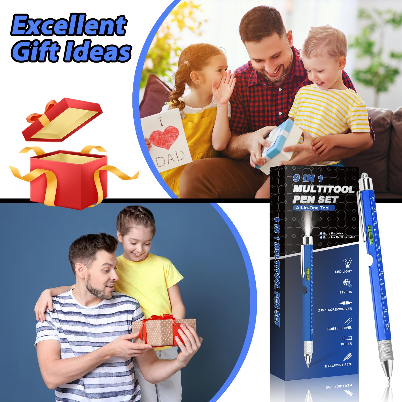 Pen Gifts for Men, Cool Gadgets 9 in 1 Multitool Pen, Stocking Stuffers for Men Women, Useful Gadgets Gift for Him Dad Husband Women on Christmas, Valentine's Day, Father's Day, Birthday (Blue-N)