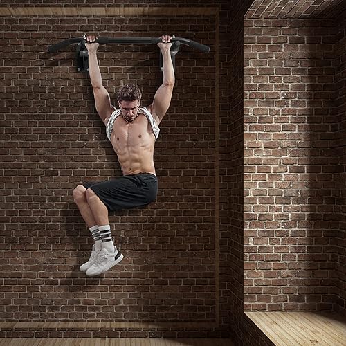 Miniatura 8 de GYMAX Barra de dominadas, barra de dominadas montada en la pared de 440 libras con 3 posiciones de agarre, estación de barra de entrenamiento de