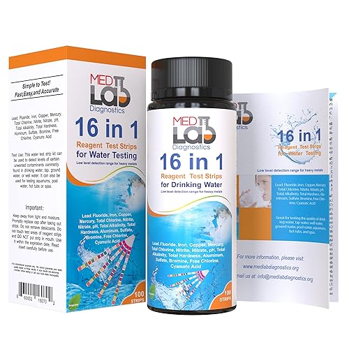 Miniatura 2 de Kit de prueba de agua potable 16 en 1, 100 cnt. Prueba de calidad del agua en el hogar para agua del grifo, piscina, spa. Tiras para dureza del