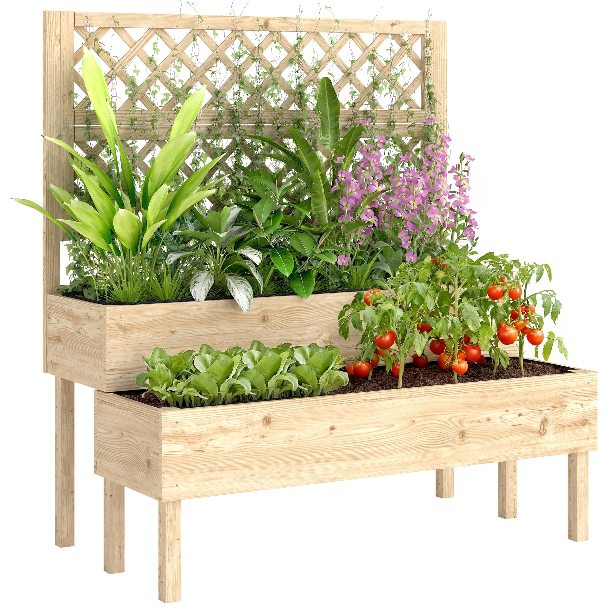 Outsunny Raised Garden Bed with Trellis - 2-Tier - Natural