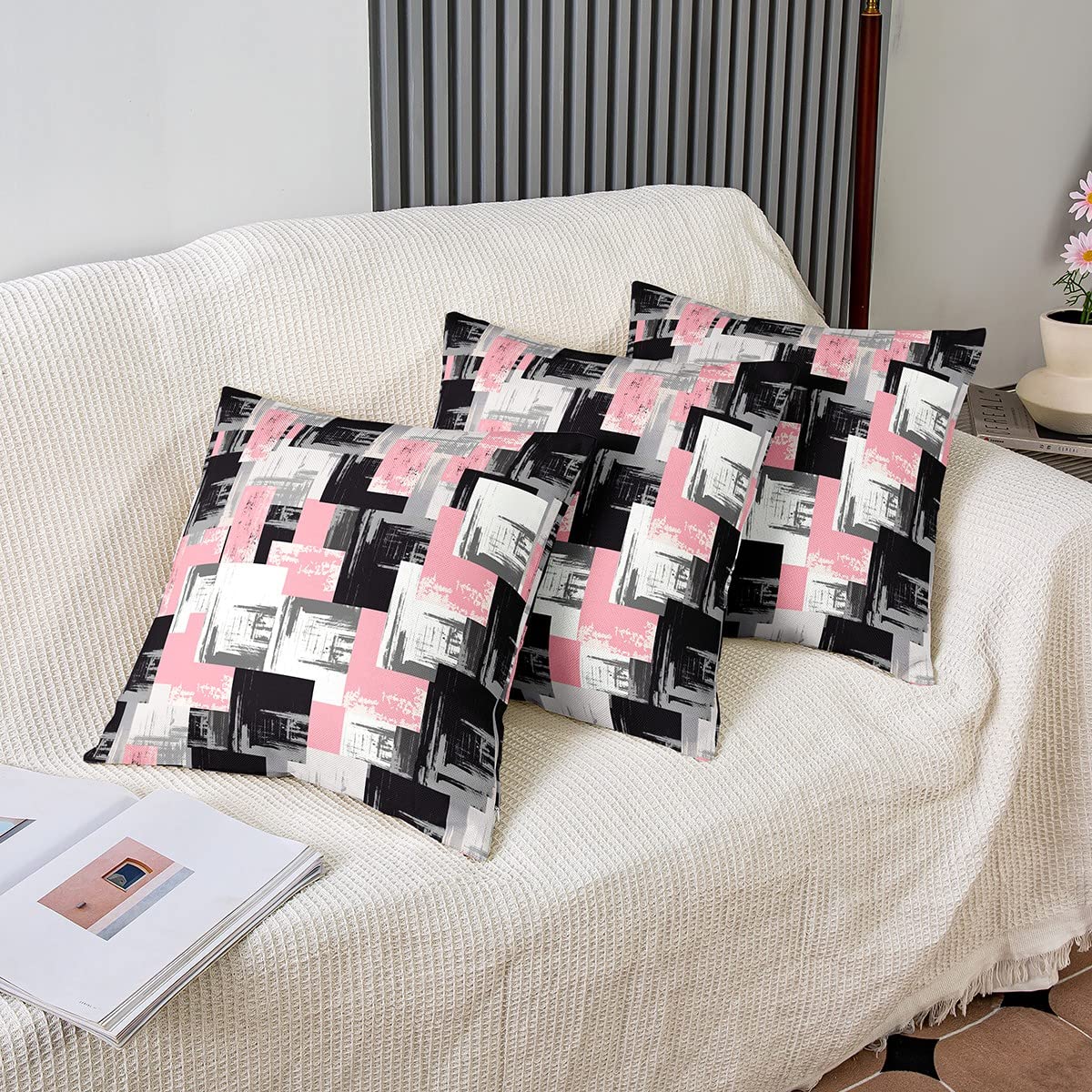 Loussiesd Reversible Throw Pillow Covers Kids Pink Grey Black Buffalo Check Pillow Covers Home Decor for Geometric Square Cushion Covers Set of 2 Modern Abstract Art 20x20 Inch - Image 4