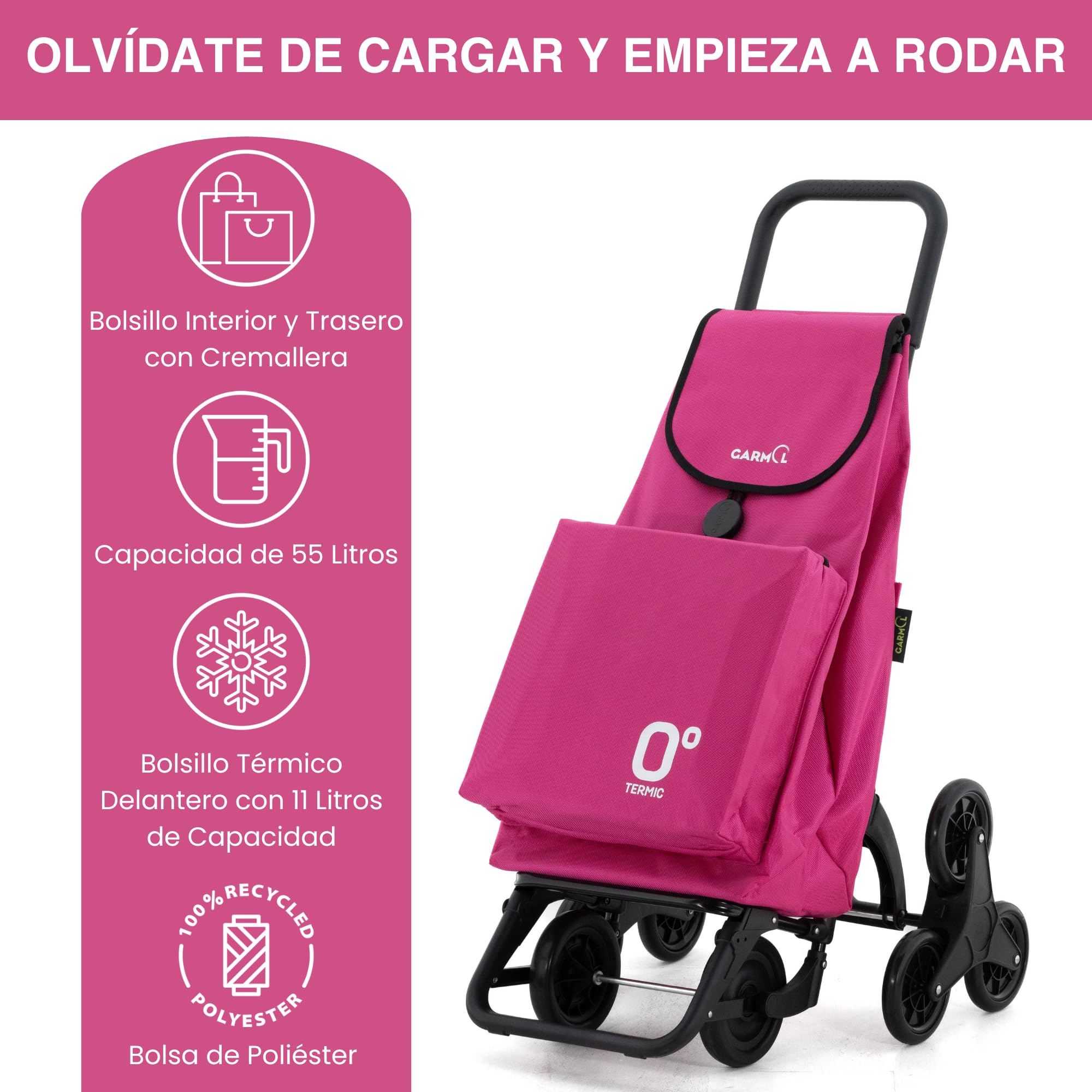 GARMOL Carro de la Compra Térmico Plegable 55L con Bolsillo Interior 11L | 4 Ruedas (2 Fijas + 2 Giratorias) | Color Fucsia