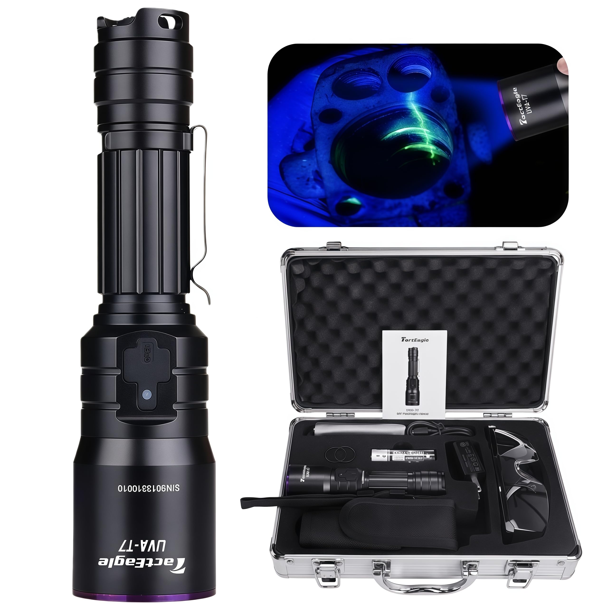 TactEagle UV Flashlight Rechargeable, Industrial Grade 365nm UV Light, Black Light Flashlight, Black Light for Pet Urine Detection, A/C Leak Detection