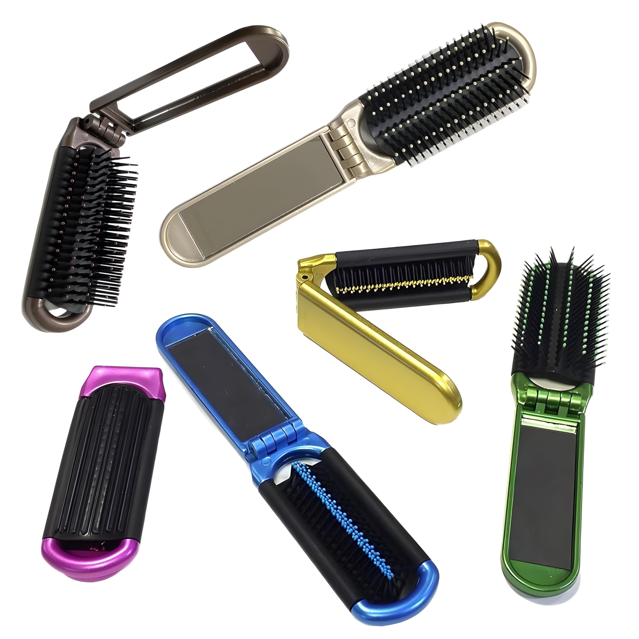 4‑Pack Travel Folding Hair Brush with Mirror – Compact Pocket-Sized Styling Brush, Durable Plastic & Flexible Nylon Bristles – Ideal for Carry-On, Purse, Gym & On-the-Go Touch-Ups