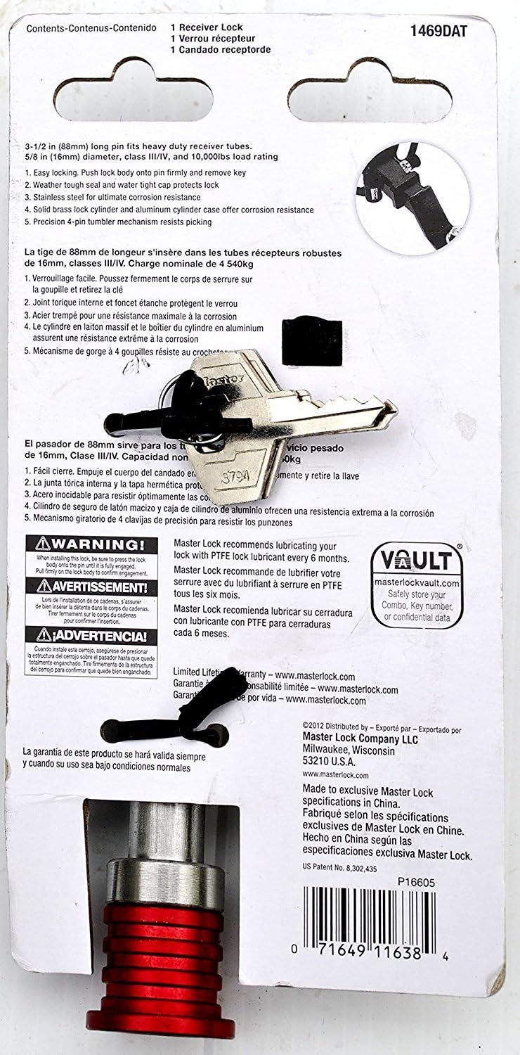 Master Lock Receiver Lock, Stainless Steel Barbell™ Receiver Lock, Fits 5/8 in. Receivers, Weather Resistant Automotive Receiver Lock, 1469DAT, Silver and Red : Automotive