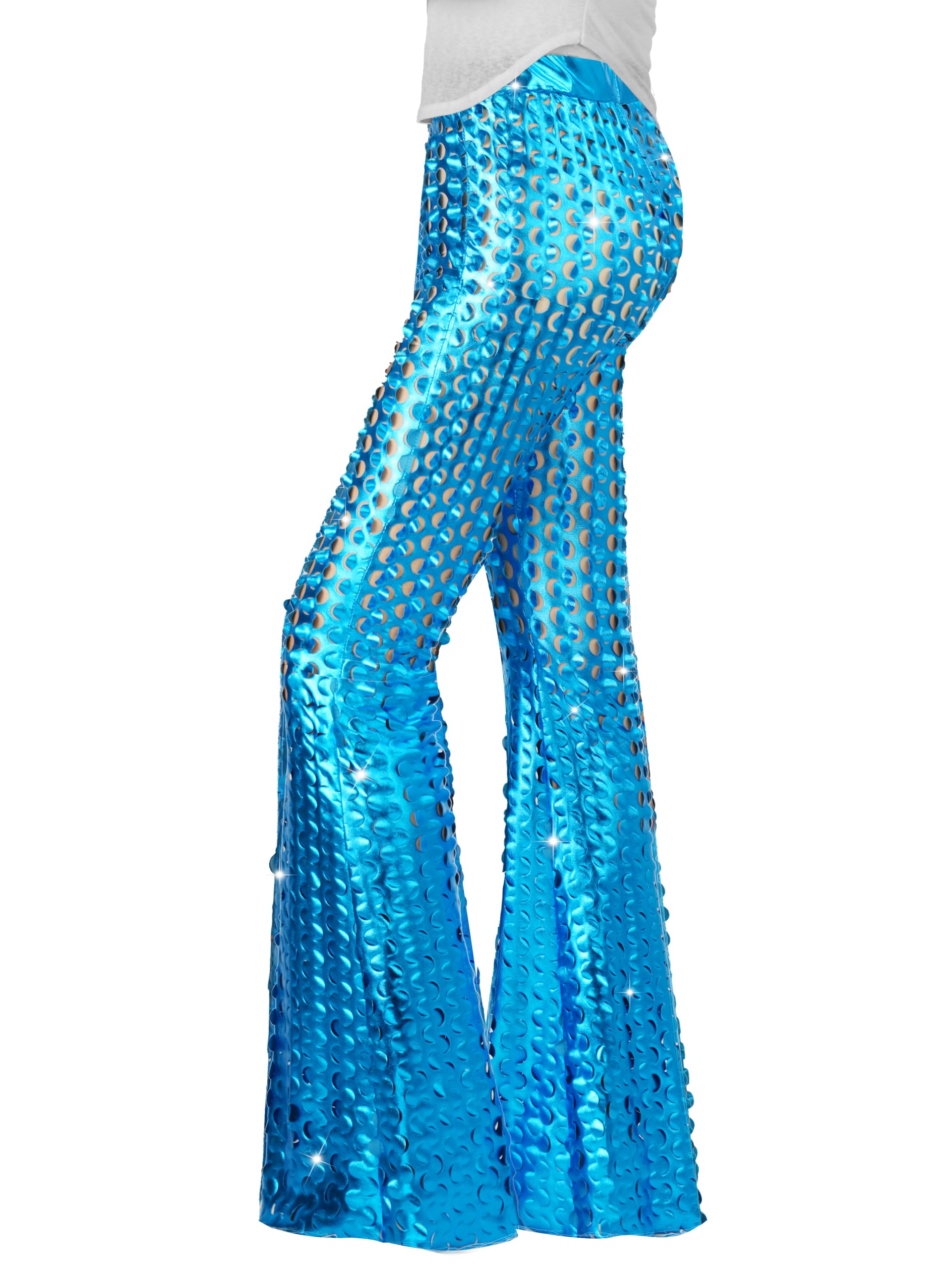 Nawgut Sequin Flare Pants Sparkly Glitter Bell Bottom High Waisted Hollow Trousers Party Clubwear for Women