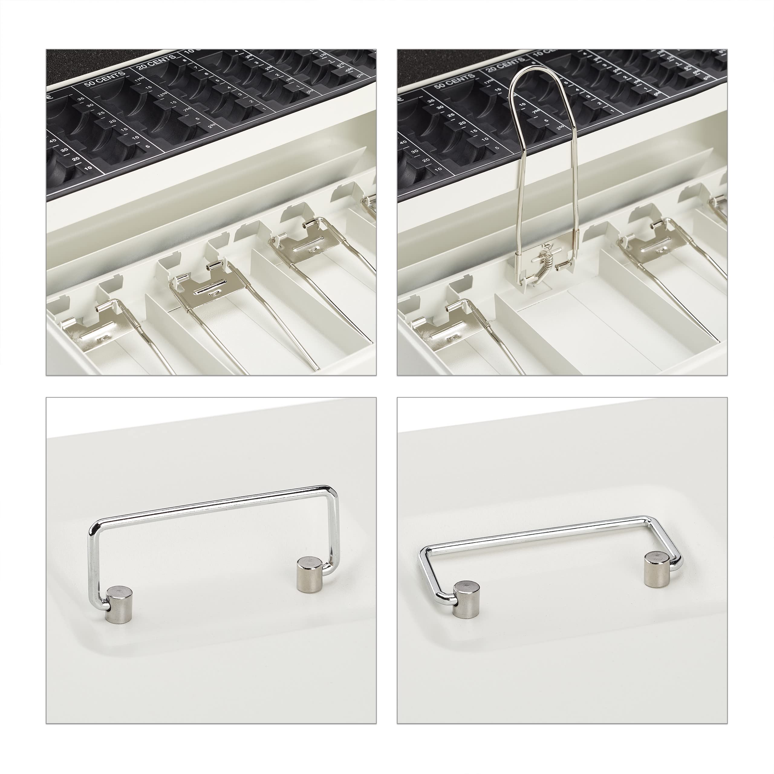 Relaxdays Caja Dinero con Llave, Bandeja Monedas y 4 Compartimentos Billetes, Cajita Hierro, 8,5x30,5x24,5 cm, Blanco