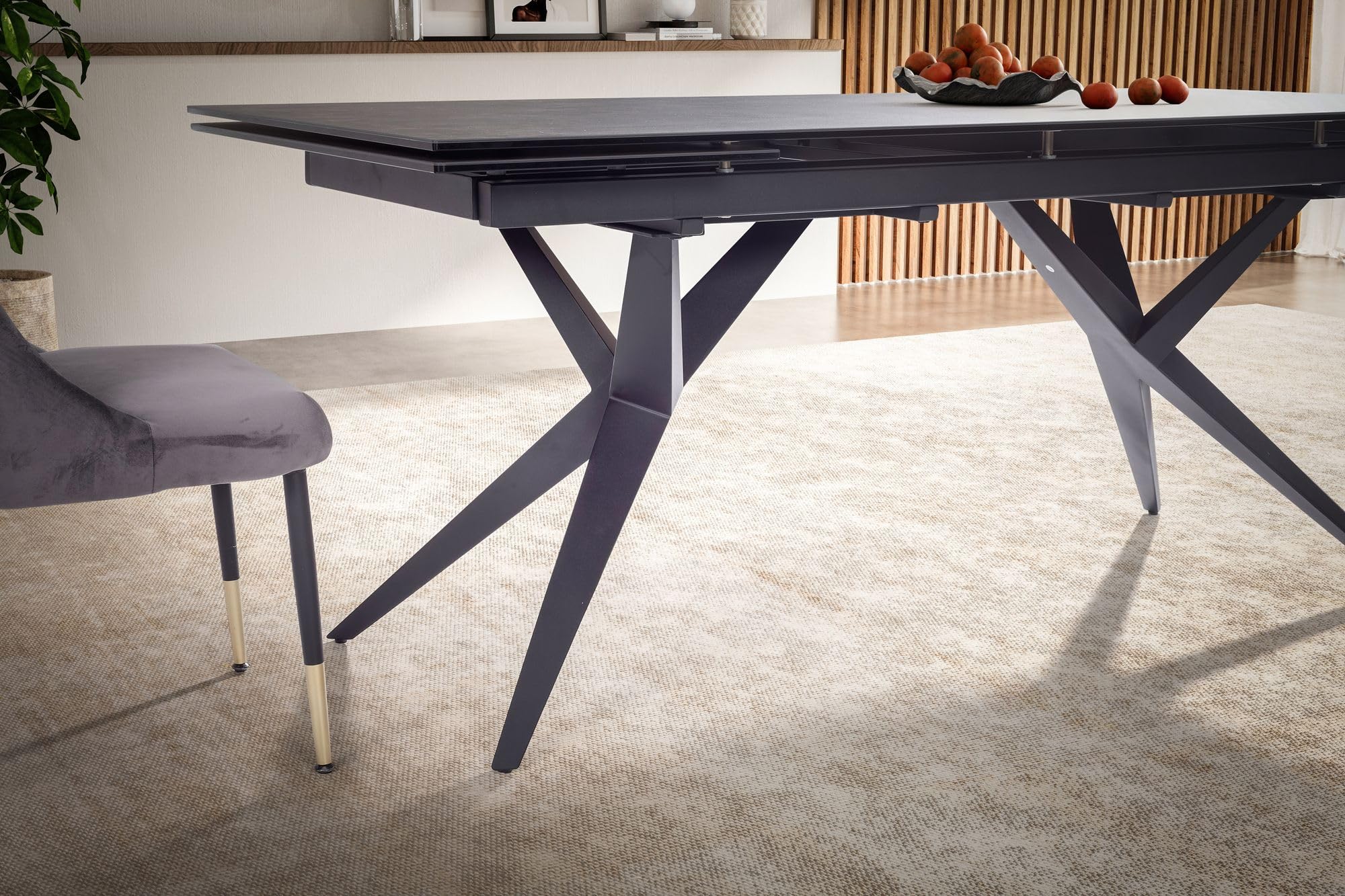 FineBuy Esstisch Ausziehbar 180-260 cm Glas-Keramik Schwarz, Kreuzgestell | Esszimmertisch mit kratzfester und hitzebeständiger Platte, ausziehbare Tafel für bis zu 10 Personen, pflegeleicht