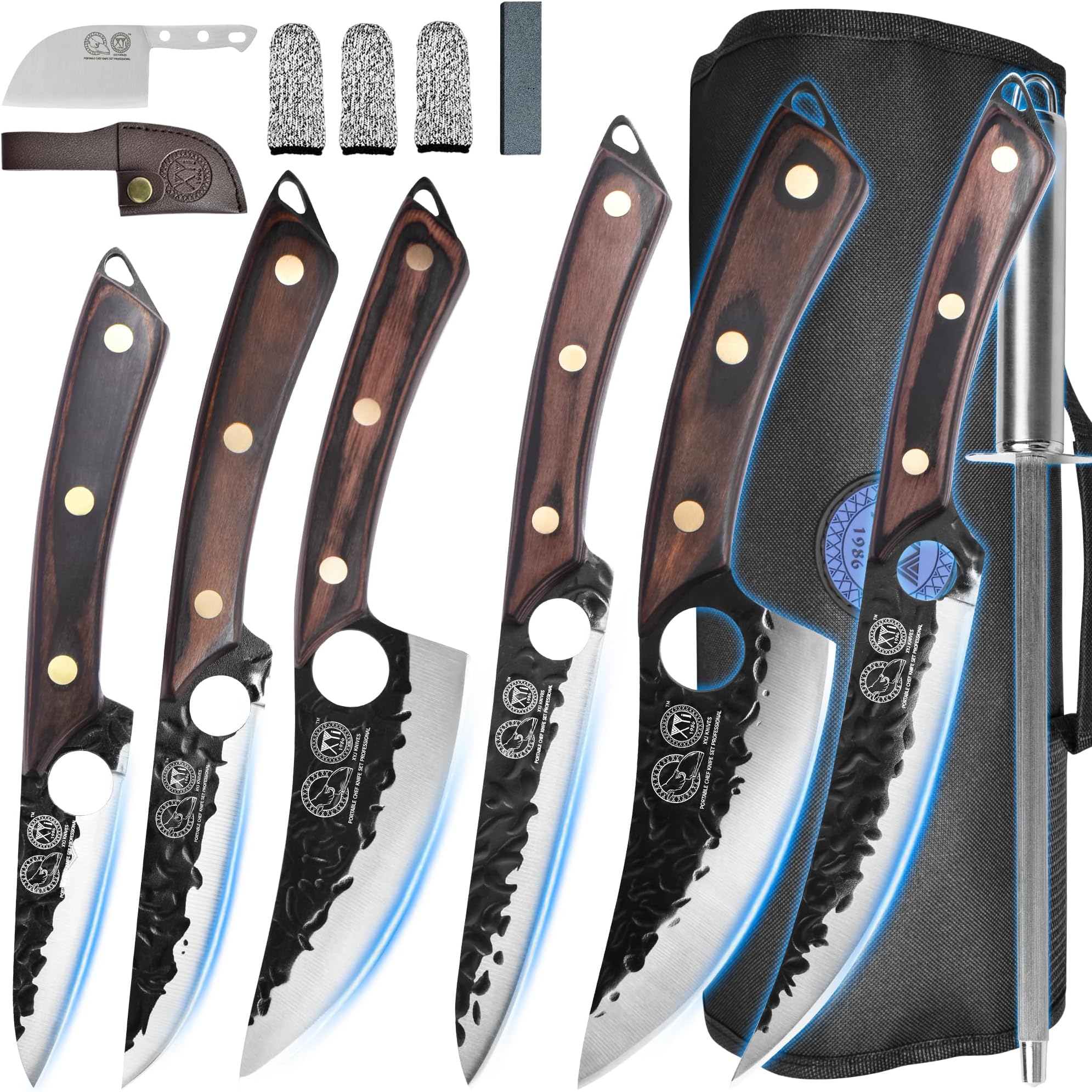 XYJ Professional Kitchen Knife Set with High-Carbon Steel Forged Blades, Chef's Knife, Cleaver, Carving Knife, Nakiri, Full Tang Design, Includes Carrying Bag & Poultry Scissors