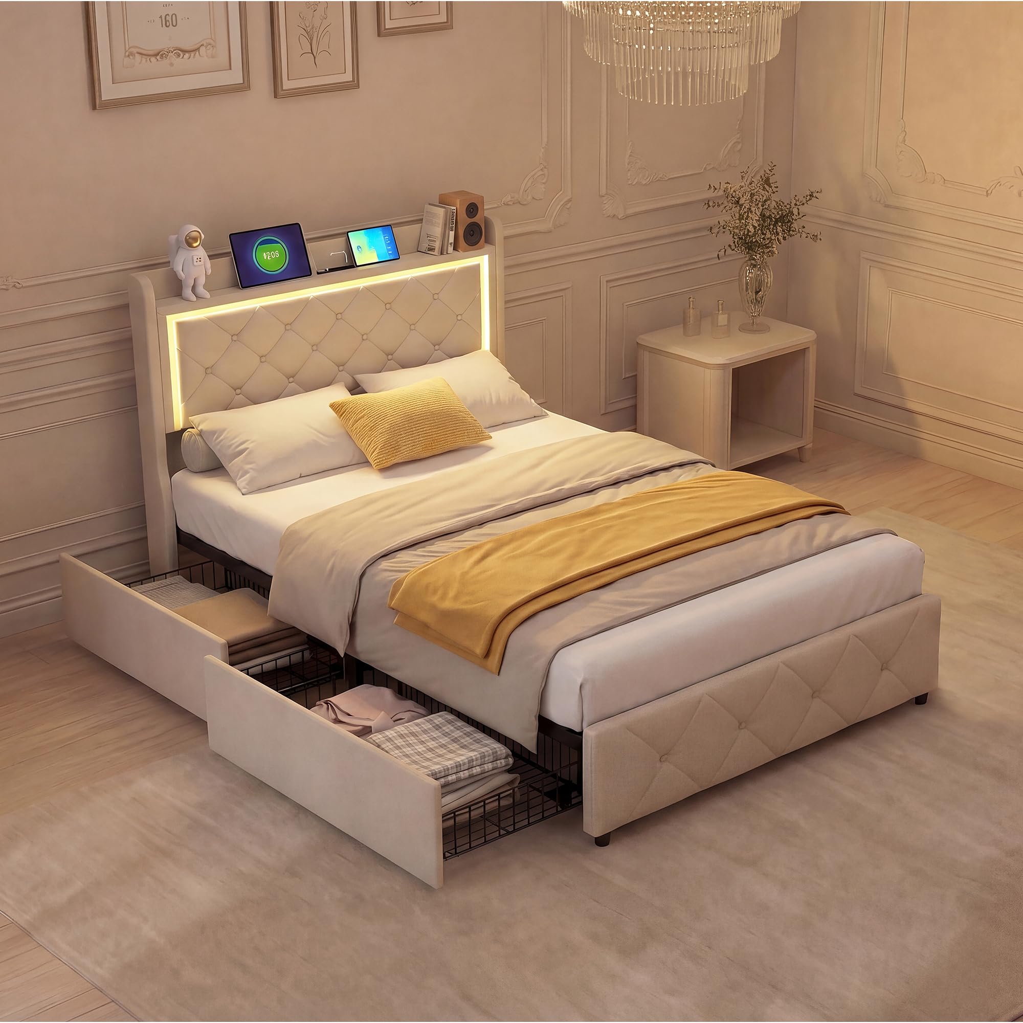 Letto imbottito singolo, 90 x 200 cm, con LED e USB, per bambini con 2 cassetti, con testiera e rete a doghe, in velluto, senza materasso (beige-B)