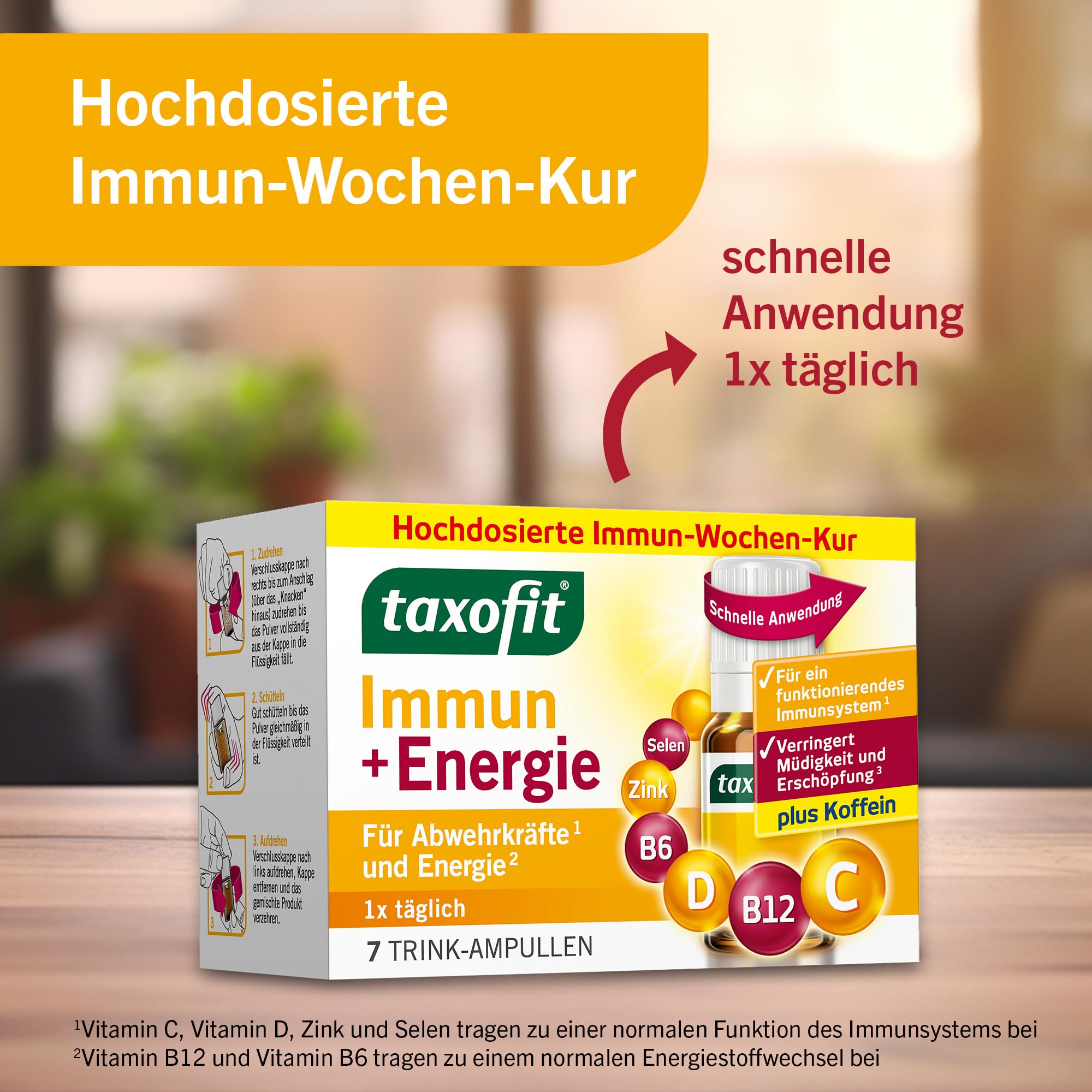 taxofit Immun + Energie mit Koffein | gegen Müdigkeit | 5 x 7 Ampullen