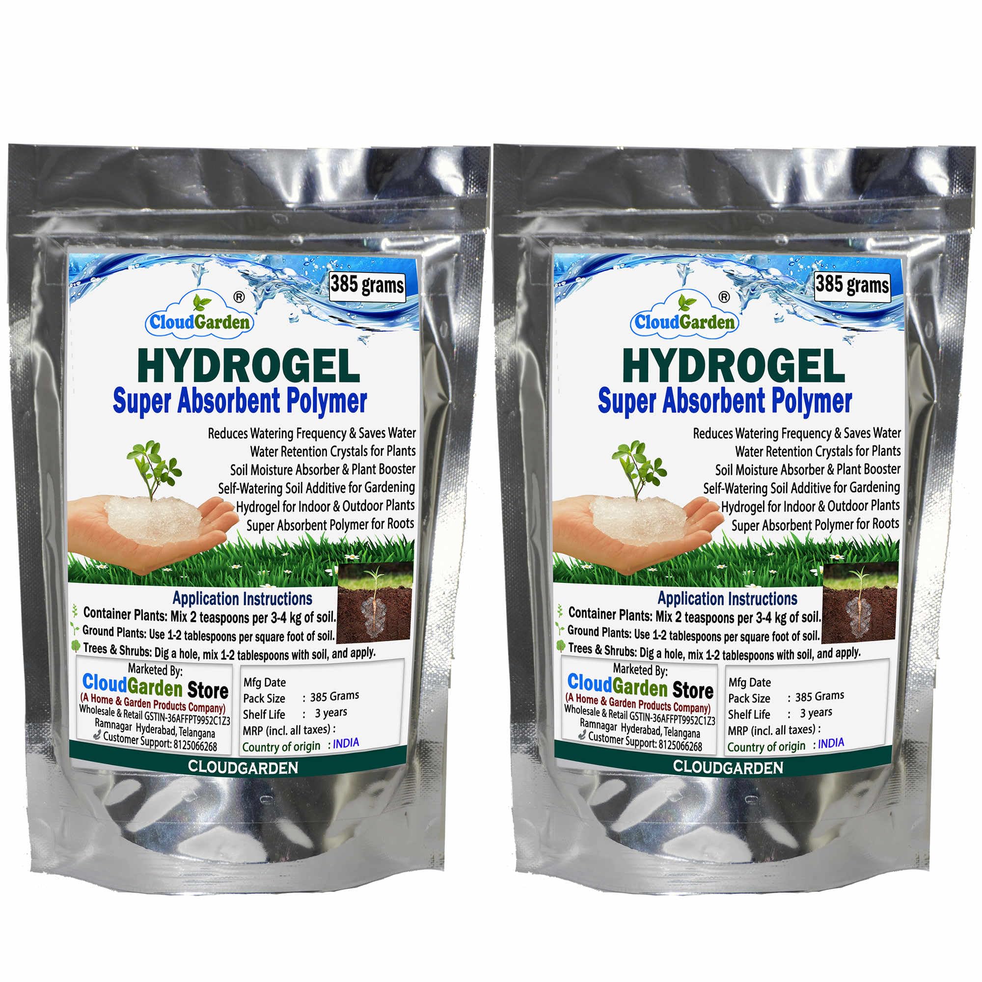 Cloudgarden Hydrogel Crystals – 385g x 2 Long-Lasting Polymer to retain Moisture in Dry Soil; Suitable for Large planters, Agriculture beds & Sustainable Gardening Projects