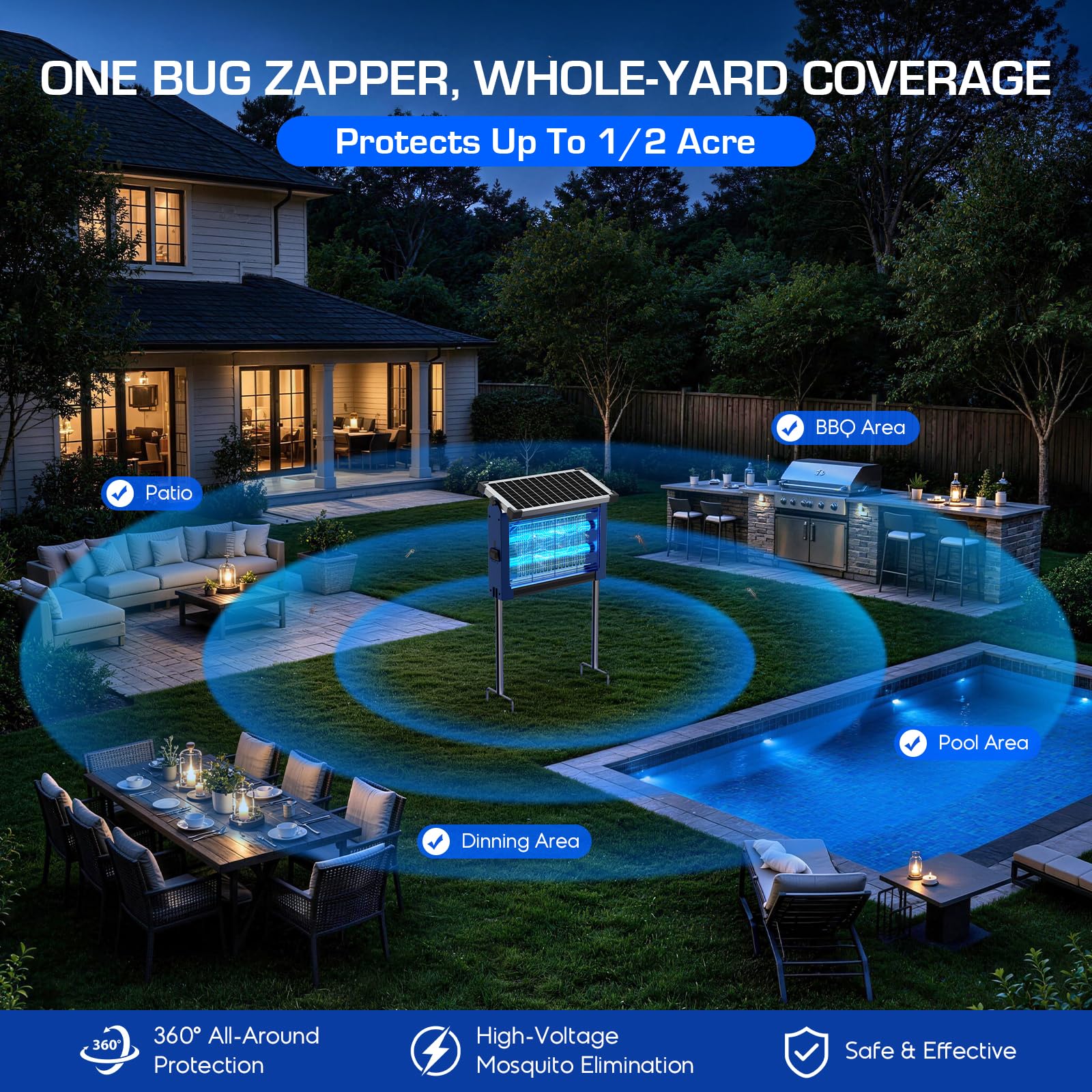 Solar Bug Zapper Outdoor Wasserdicht, 4500V High Power Cordless Mückenzapper mit Smart Light Sensor, Dual Solar & USB Wiederaufladbarer Insektenvernichter für Terrasse, Garten, Hinterhof, Indoor