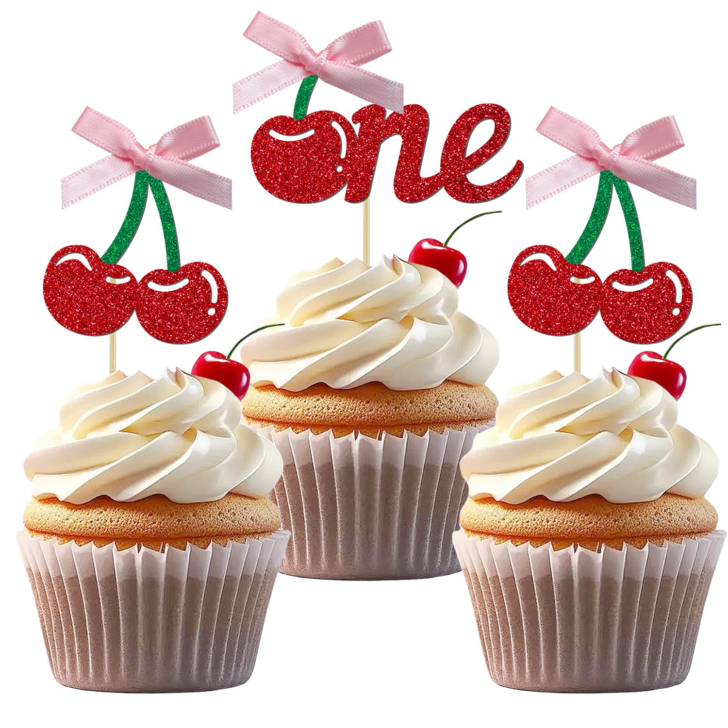 24 Pack Cherry 1st Birthday Cupcake Toppers, Glitter Cherry First Birthday Cake Pick for Fruits Theme One Birthday Party Cake Decorations Supplies (