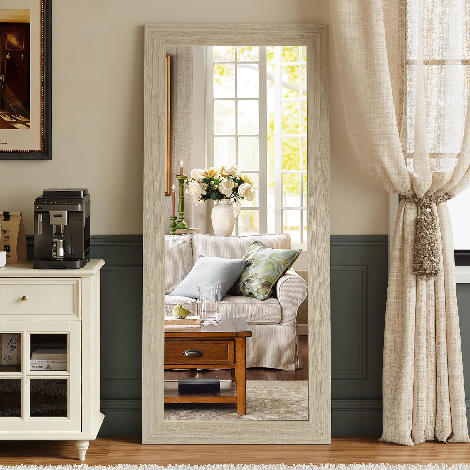 syndra modern full length mirror wood frame, 65x24'' large floor mirror with hd tempered glass & wall mount, rectangular standing mirror for bedroom, living room, entryway, farmhouse(grey white oak)