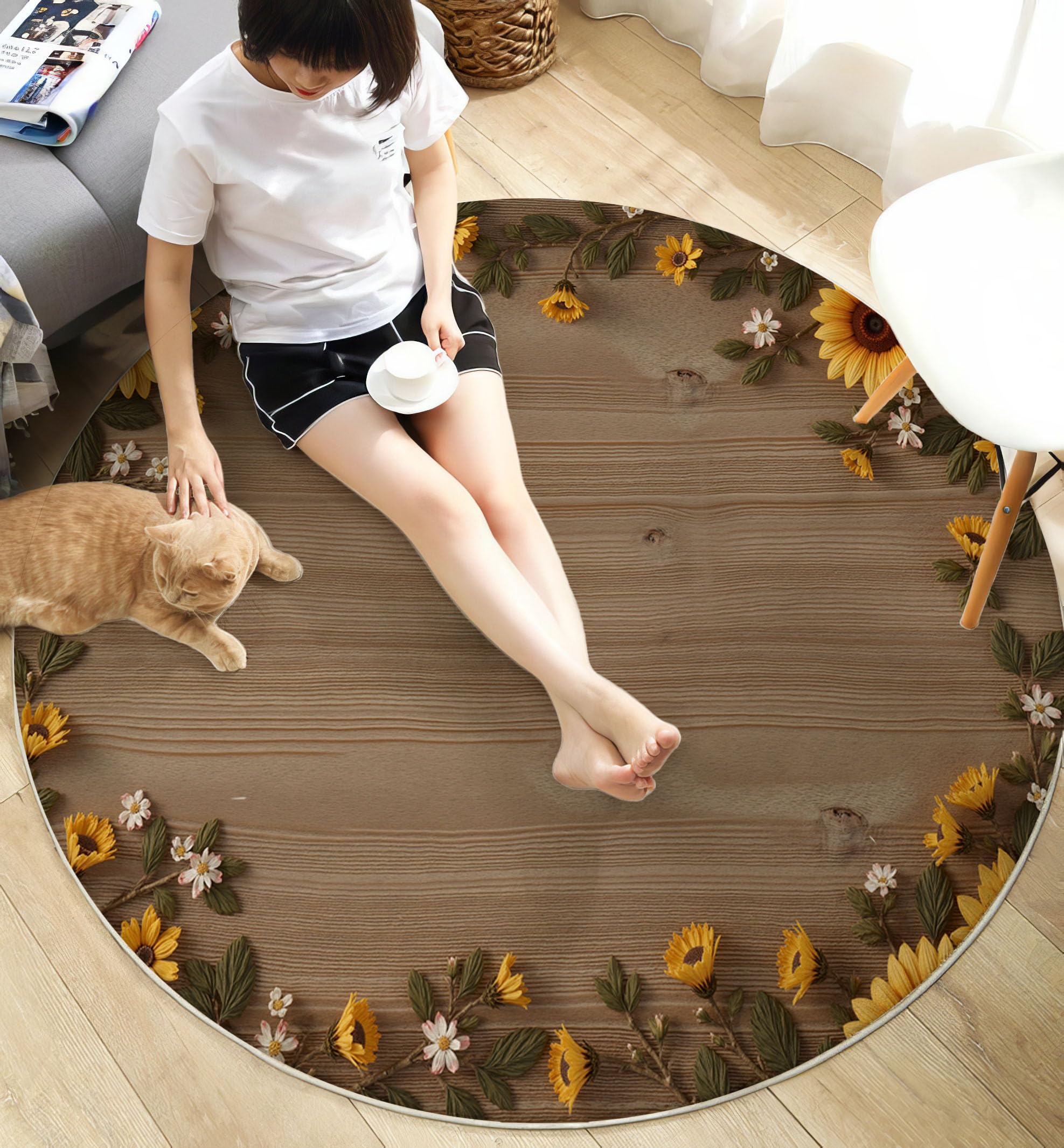 Landhausstil Waschbarer Runder Teppich 150cm, Pflegeleicht rutschfest Natürlich Sonnenblumen Holzmaserung Teppich, Kurzflor Gelb Teppiche für Schlafzimmer Badezimmer Eingangsbereich Kinderzimmer
