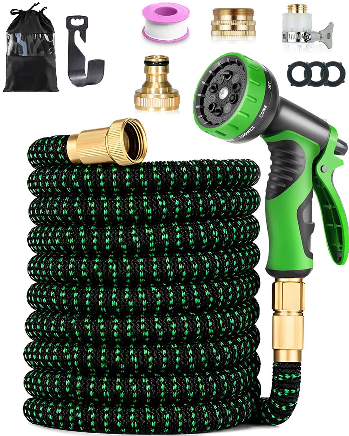 Expandable Garden Hose Pipe 150FT(45M), Leakproof Expanding Hose, 4-Layer Latex Core, 10 Spray Patterns, 1/2'' & 3/4'' Connector, Flexible for Garden Watering, Car Washing, Pet Cleaning, Green & Black