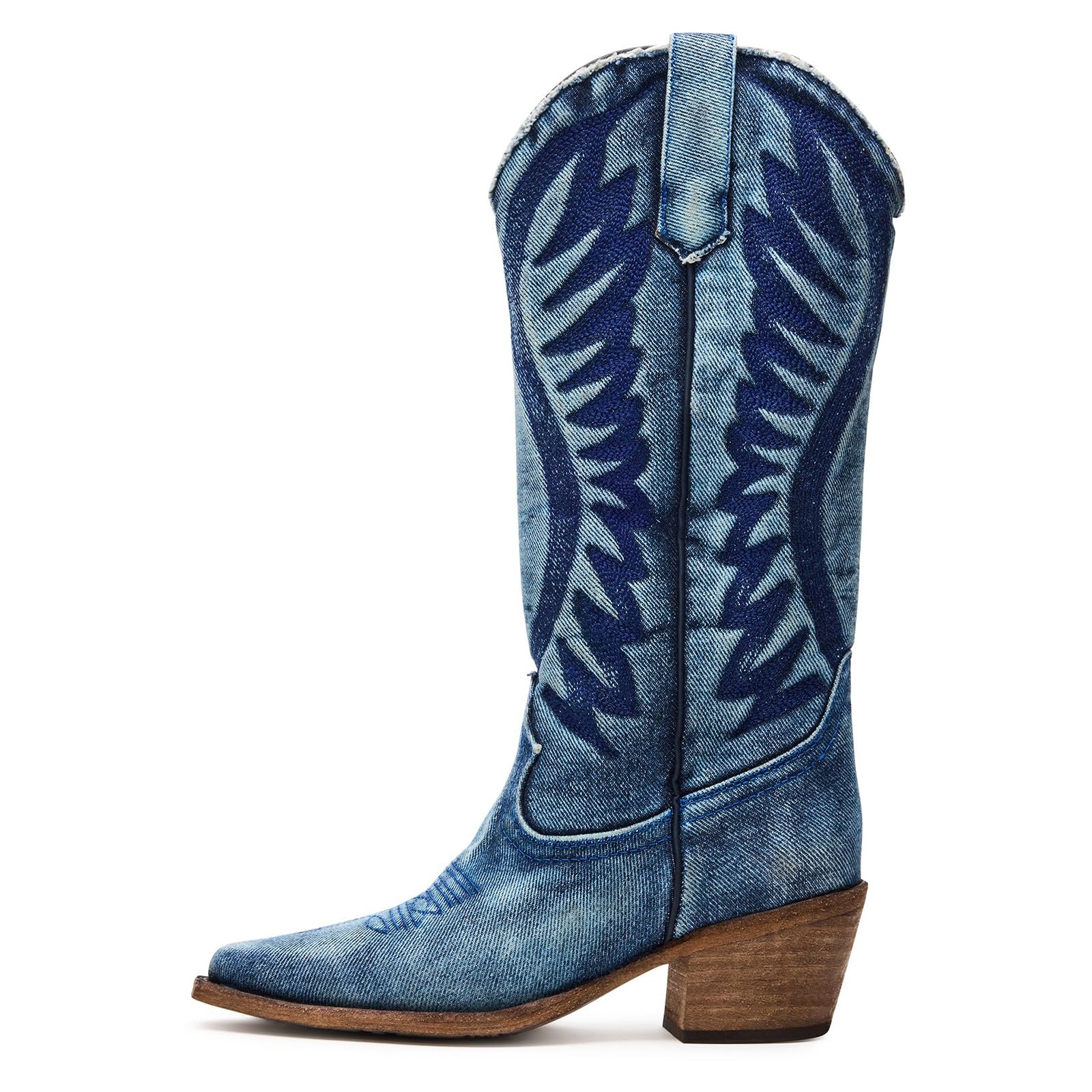 Cowboy Boots For Women Mid Calf Cowgirl Boots Embroidered Western Pointed Toe Chunky Heel Vintage