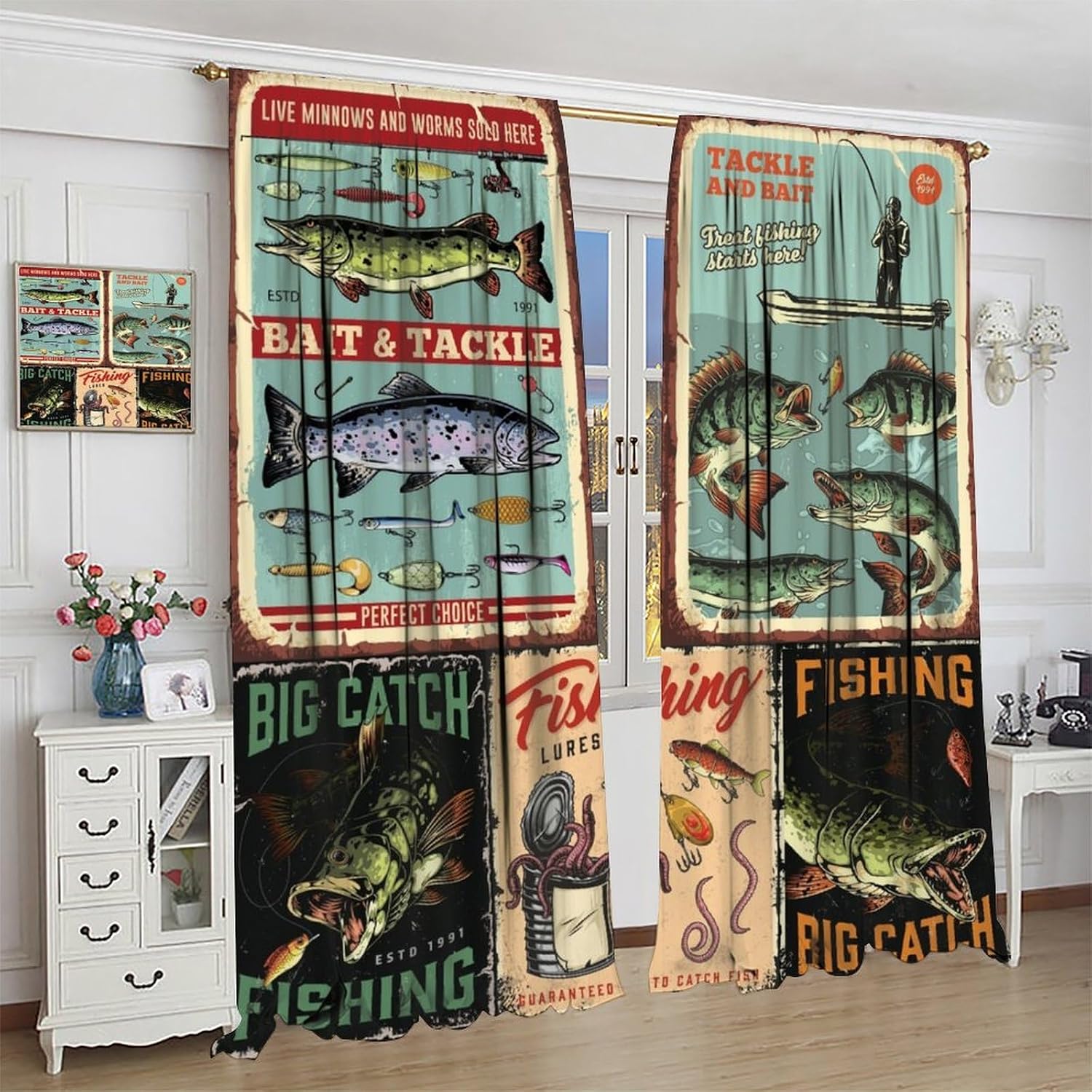 Fish Curtains Vintage Fish Stamp Pattern Fishing and Hunting Brown Green Fishing Window Drapes for Bedroom Living Room Kitchen Cafe （W20xL45 Inch） x2 Decor