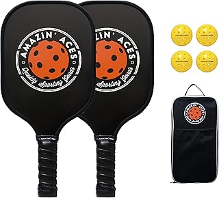 Amazin' Aces Pickleball Paddle Set | Pickleball Set Includes Two Graphite Pickleball Paddles + Four Balls + One Mesh Carry Bag | Premium Rackets Graphite Face & Polymer Honeycomb Core