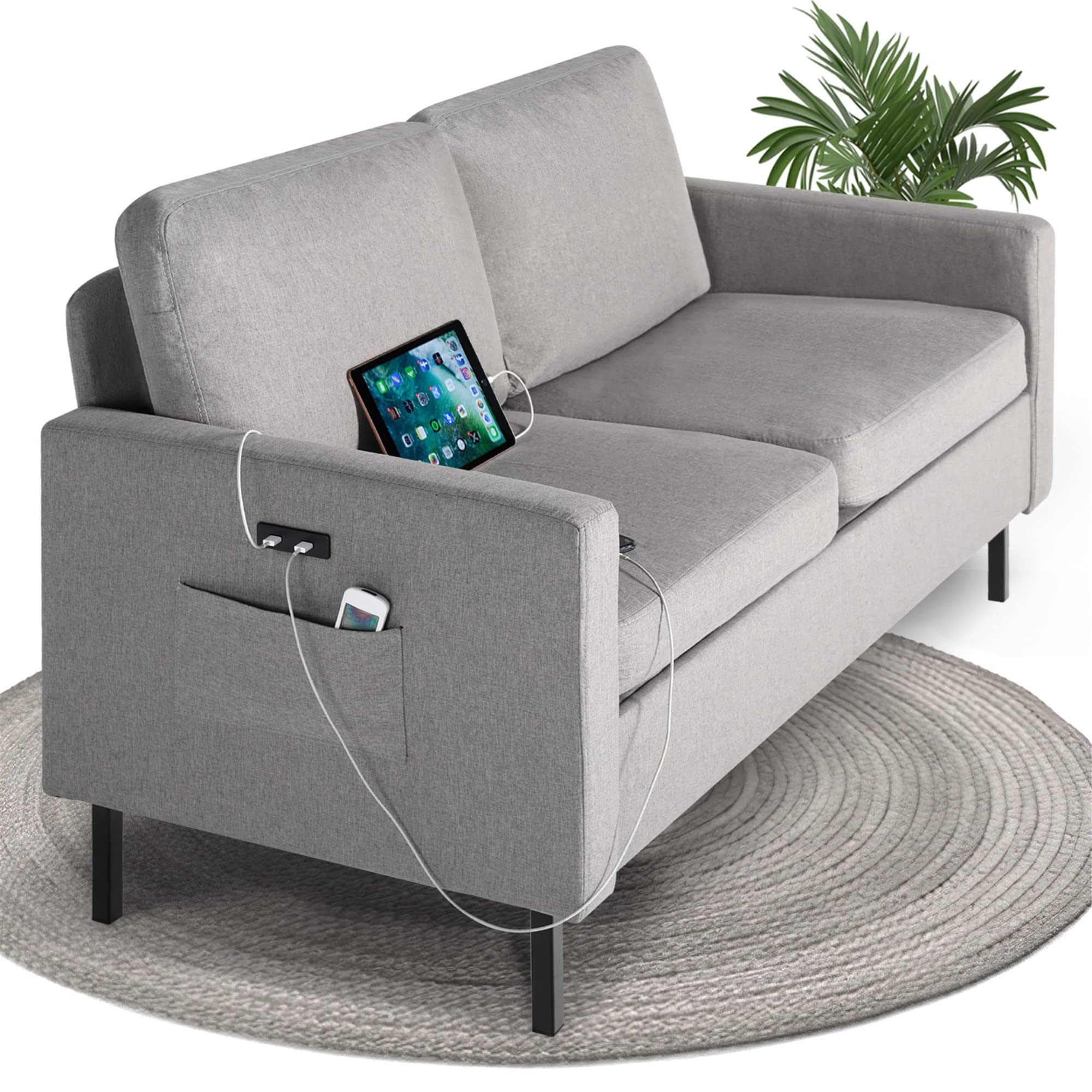 STHOUYN 56" W Fabric Loveseat Sofa with 2 USB, Small Couches for Living Room, Bedroom, Office, Easy Assembly & Comfy Cushion, Light Grey