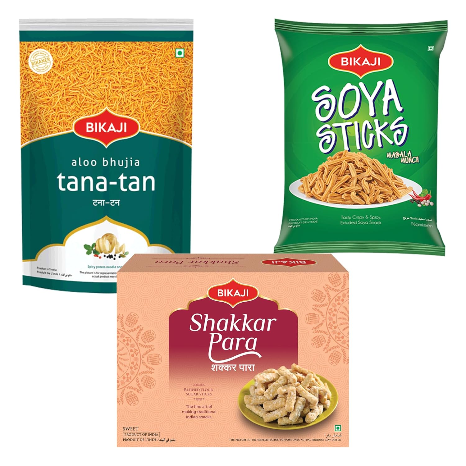 Bikaji Shakkar Para, Aloo Bhujia & Masala Soya Sticks Combo | Ready to Eat Indian Namkeen | Crunchy Bar Snack, Tea-Time Munchies & Party Mix| Authentic Indian Snack and Sweet